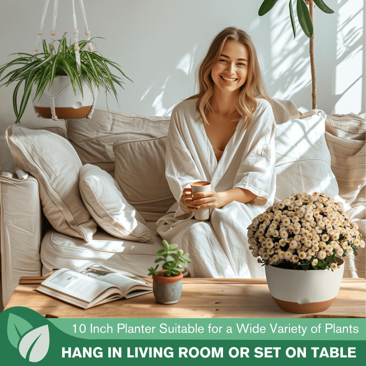 Set of 2-10 Inch Hanging Planters for Indoor Plants with Self-Watering Includes Hanging Pots for Plants, Outdoor Hanging Plant Pot with Drainage, and 2 Types of Hanging Baskets Hangers (White, 10inch) - Image 6