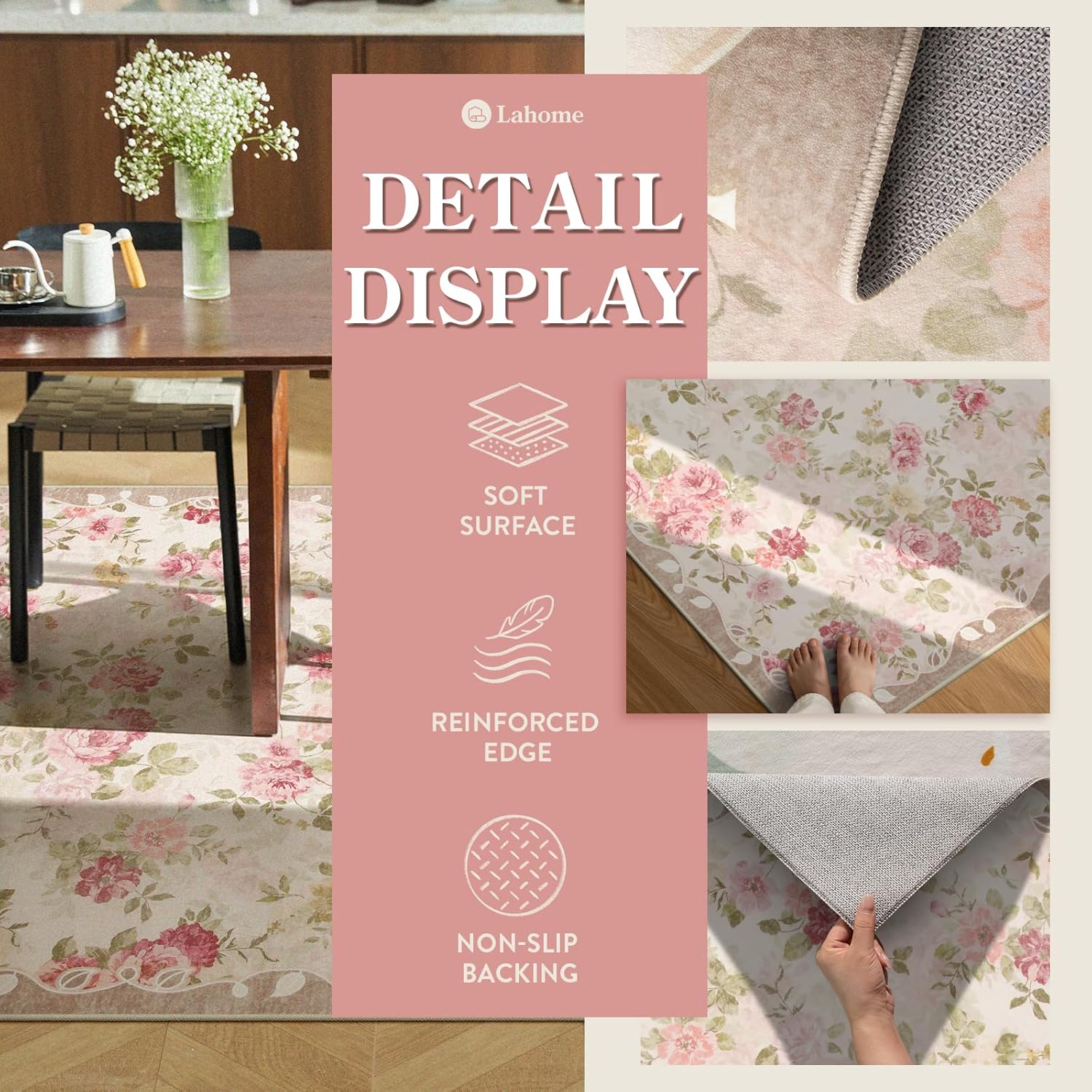 Lahome Floral Washable Rugs 5x7,Rugs for Living Room Pink Area Rug,Vintage Rugs for Bedroom Girls Non Slip Low Pile Ultra-Thin Large Carpet for Office Dining Room,Kids Playroom Nina (5'X7',Beige) - Image 7