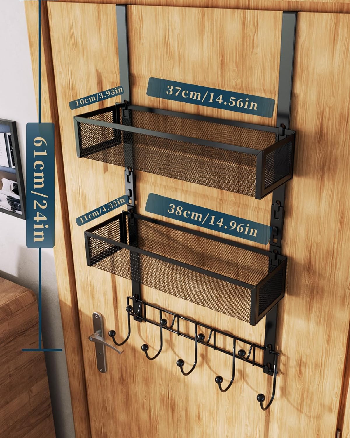 Consumest Over The Door Hooks Organizer - 3 Tier Door Hanger with 9 Coat Hooks & 2 Mesh Basket, Back Storage Organizer Hanging Towels for Bathroom, Bedroom, Black - Image 7