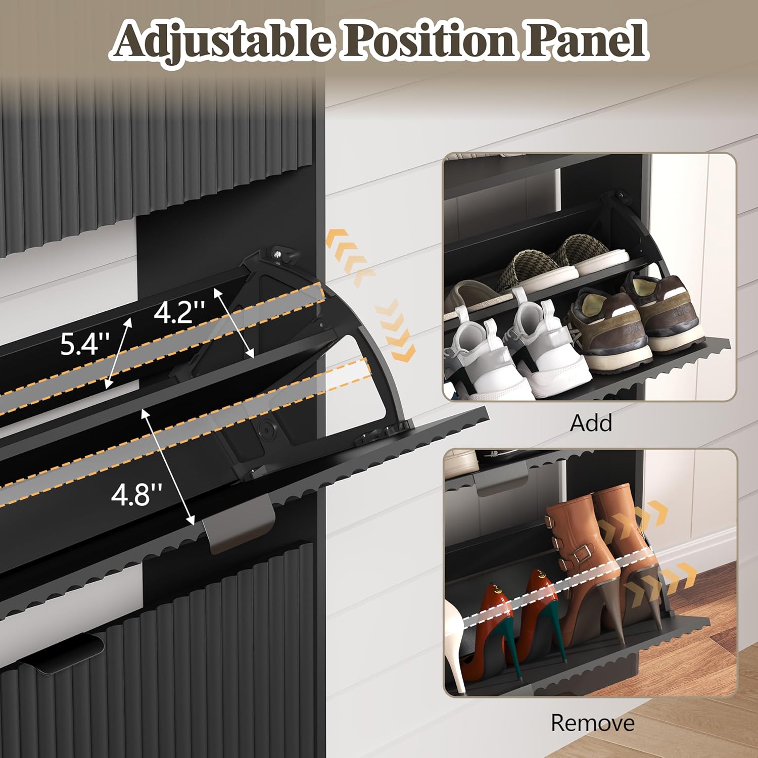 HUANLEGO Shoe Cabinet Storage for Entryway with 2 Flip Drawers, Fluted Narrow Shoe Organizer with Wooden Legs, Freestanding Slim Shoe Storage Hidden Shoe Rack Organizer for Front Door Entrance, Black - Image 4