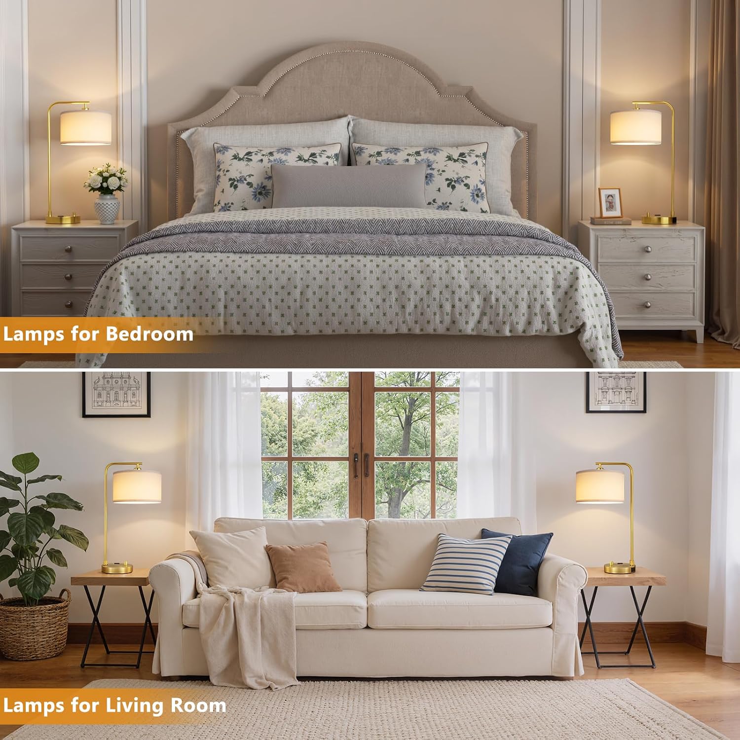 Innqoo Bedside Table Lamps for Bedroom Set of 2-Dimmable Nightstand Lamps with USB Port and Outlet,Modern Gold Lamps with Linen Shade,Tall Desk Lamps for Home Office Bedroom Living Room End Table - Image 5