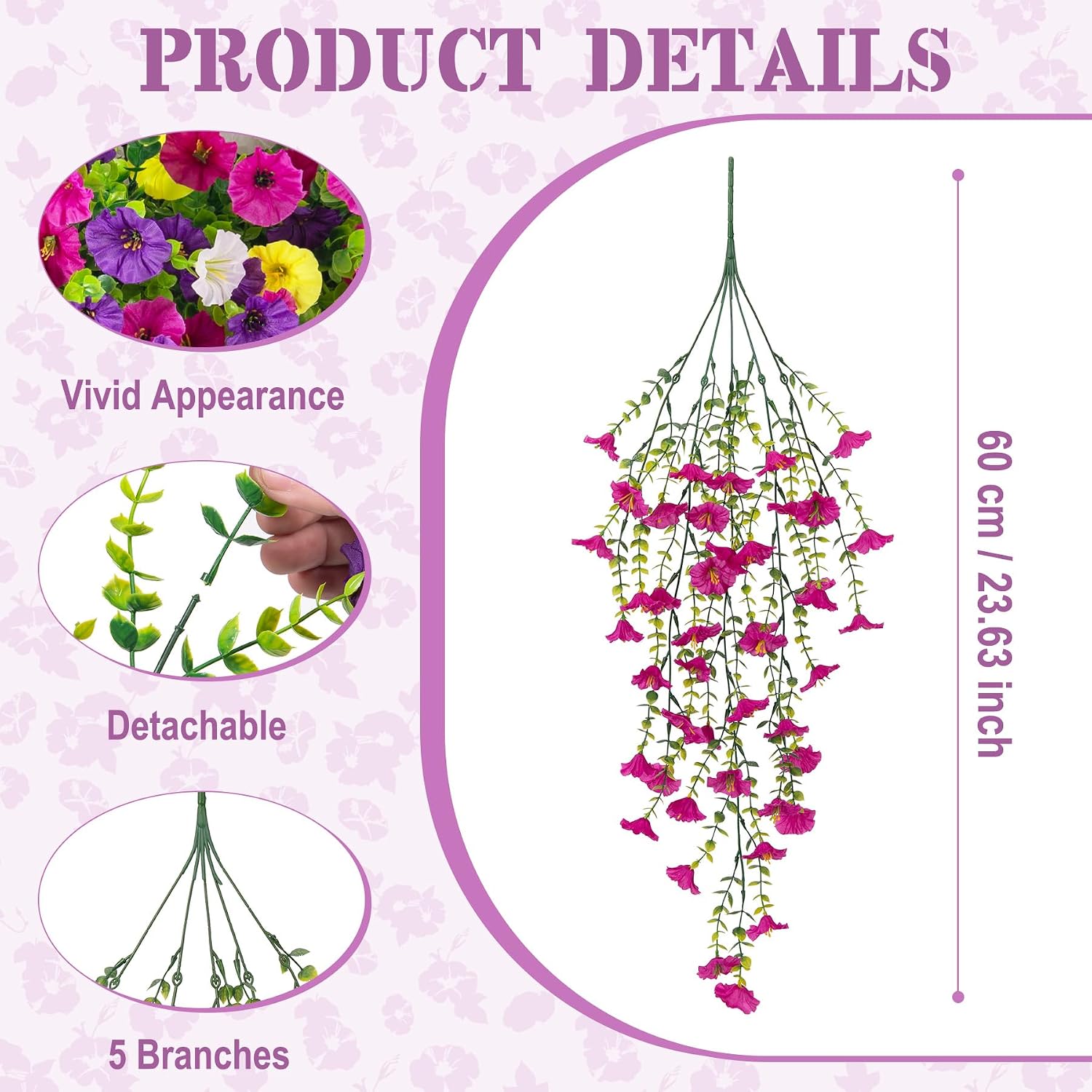 Artificial Hanging Petunias Flowers for Outdoor, 8pcs Fake Plants Long Vine Morning Glory Eucalyptus, UV Resistant Realistic Faux Greenery Outside Patio Porch Garden Spring Summer Decor, Mix Color - Image 3