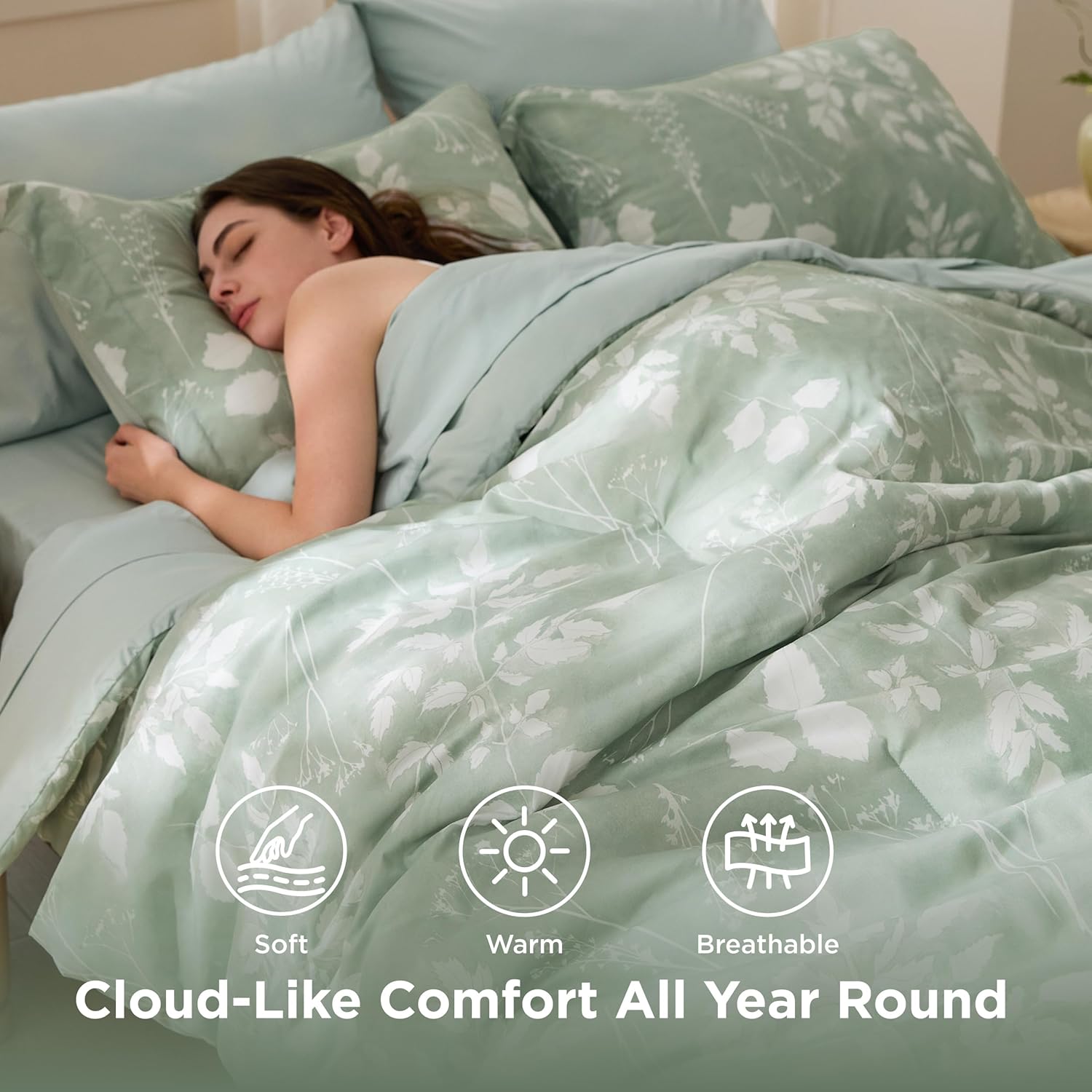 Bedsure Queen Comforter Set - 7 Pieces Floral Sage Green GentleSoft™ Bedding Sets, Queen Bed in a Bag with Botanical Flowers Winter Comforter, Sheets, Pillowcases & Shams - Image 4