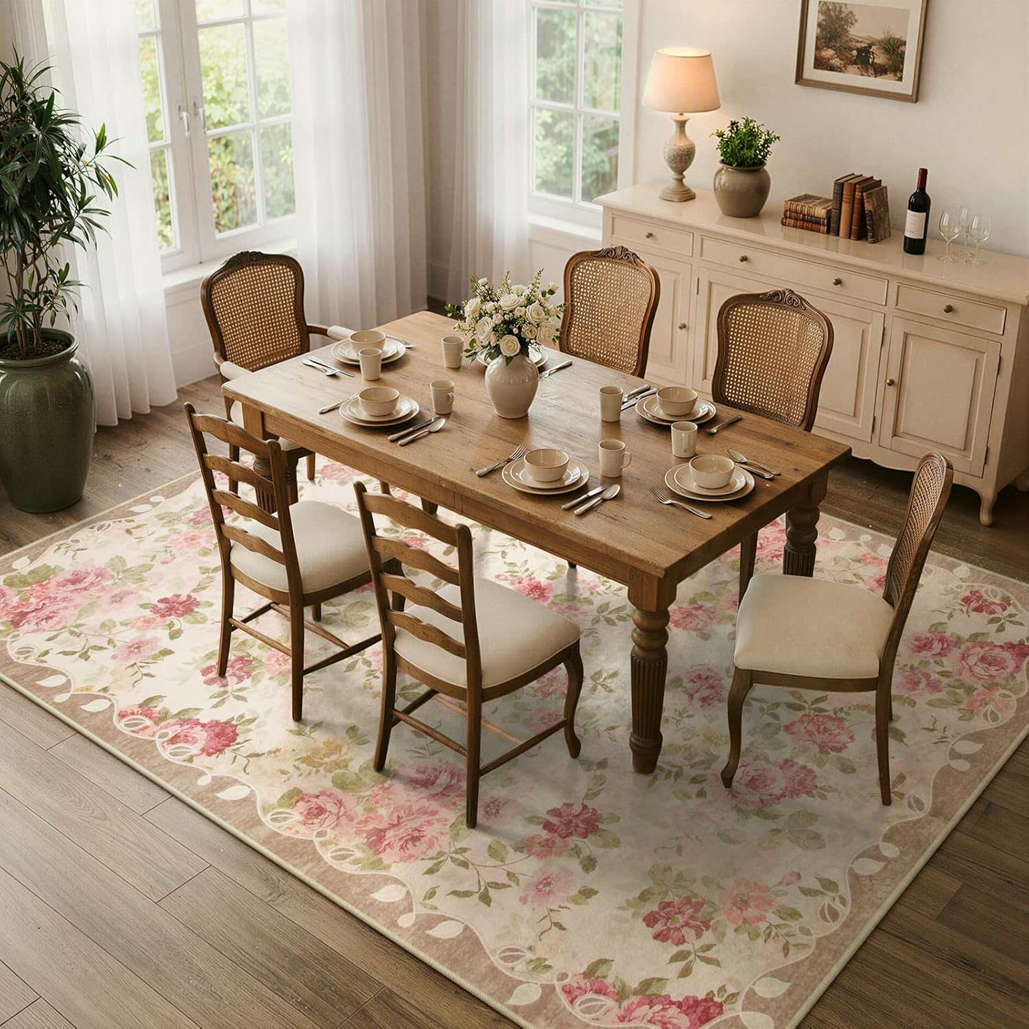 Lahome Floral Washable Rugs 5x7,Rugs for Living Room Pink Area Rug,Vintage Rugs for Bedroom Girls Non Slip Low Pile Ultra-Thin Large Carpet for Office Dining Room,Kids Playroom Nina (5'X7',Beige) - Image 3