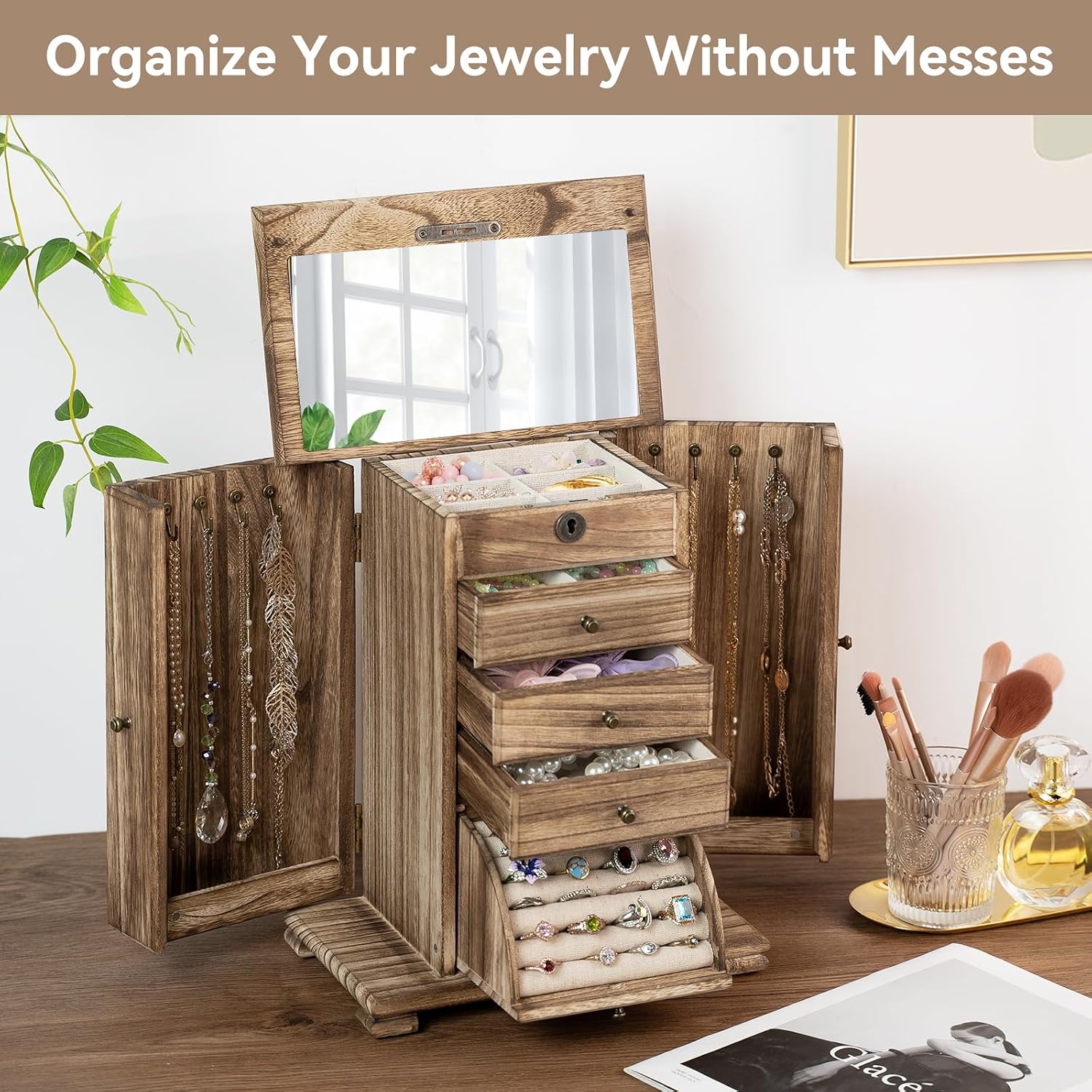 Miratino Jewelry Boxes for Women, 5 Layer Large Wooden Jewelry Organizer Box with Lock, Mirror & Drawers, Jewelry Boxes & Organizers for Necklaces Earrings Rings Bracelets (Rustic Brown) - Image 4