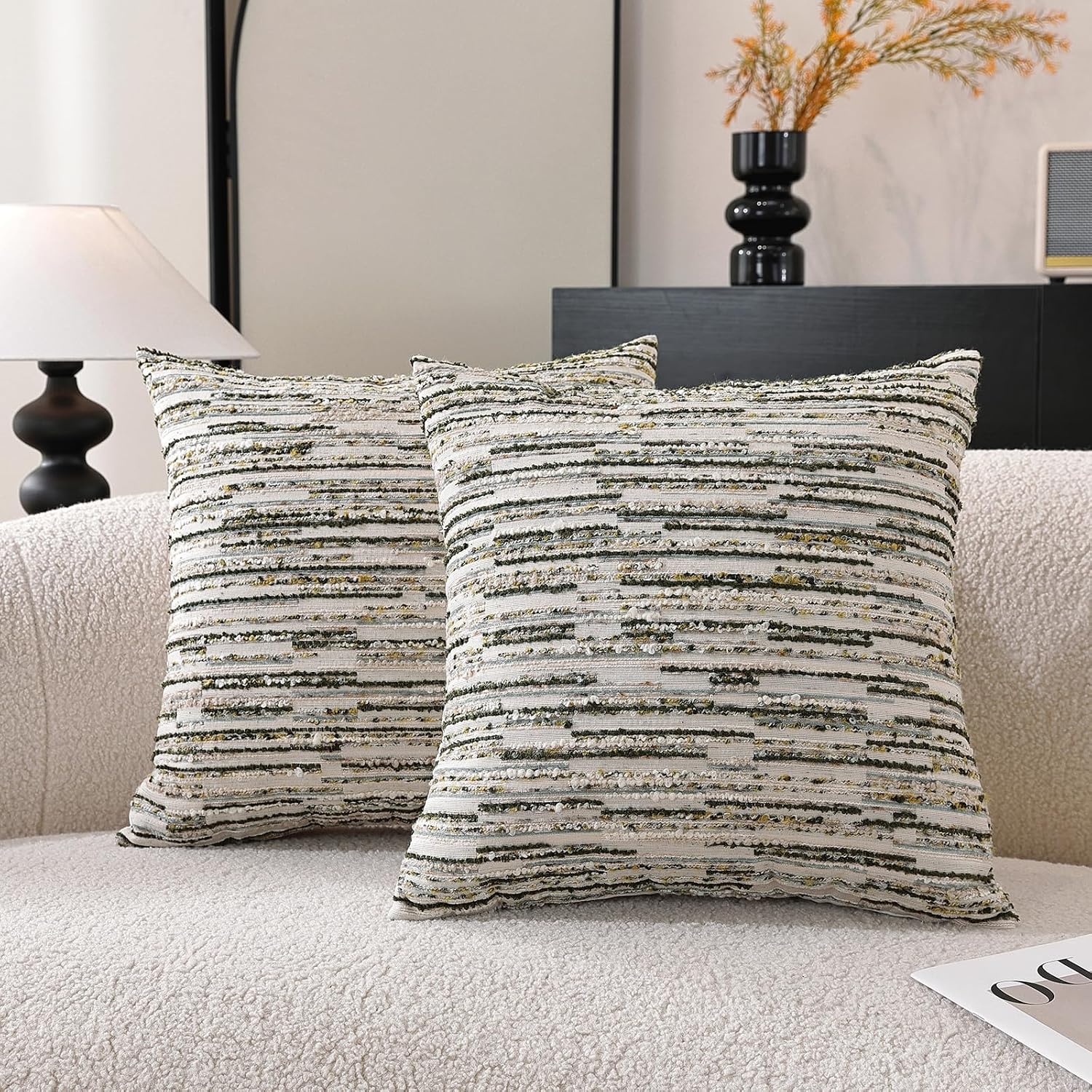 Striped Throw Pillow Covers 18x18 Set of 2 Green Textured Boucle Chic Morden Boho Accent Farmhouse Decorative Chenille Pillow Covers for Home Decor Bed Sofa Living Room - Image 2