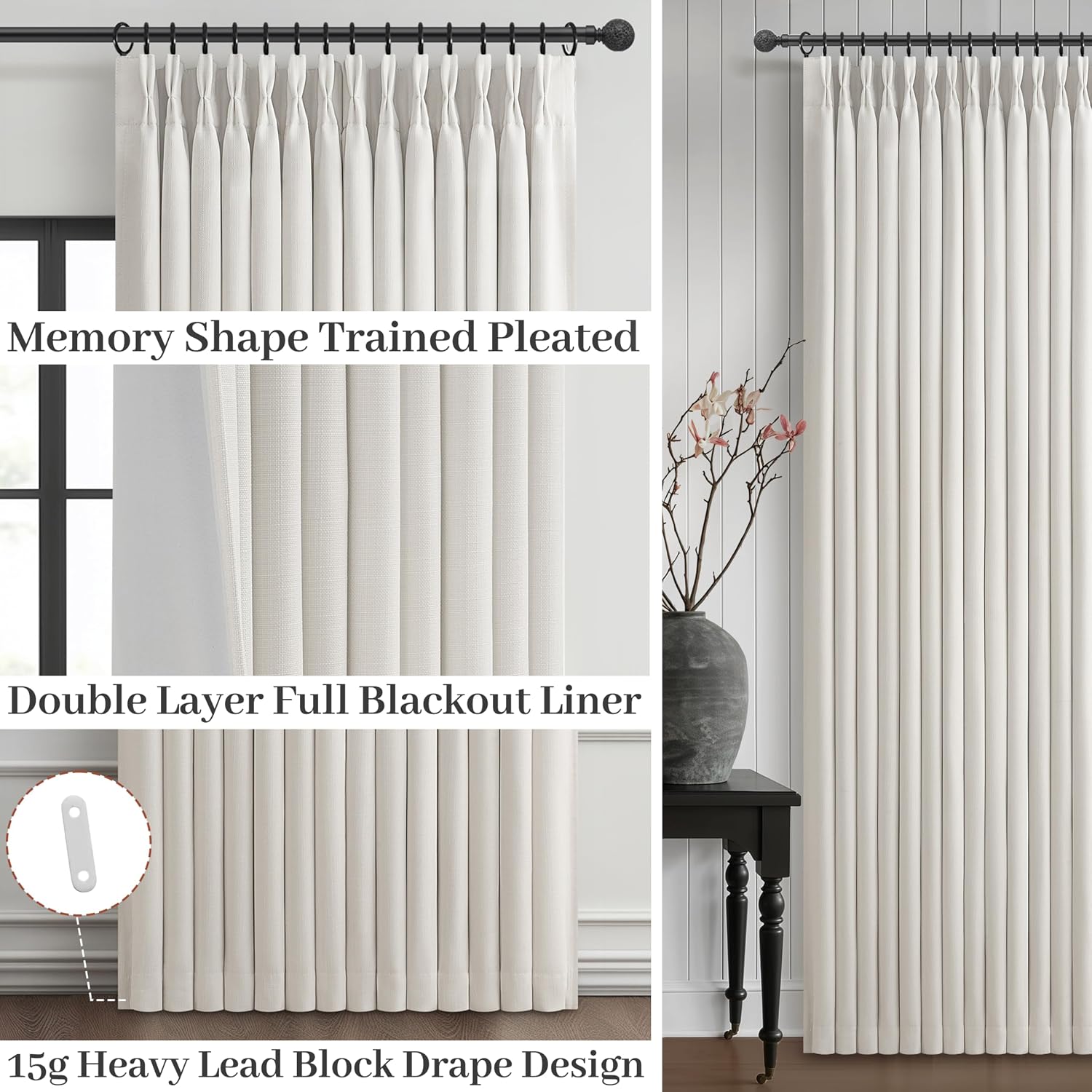 100% Blackout Linen 96 Inch Curtains 2 Panel Set for Bedroom, Modern Pinch Pleated Natural Linen Off Beige White Insulated Heavy Curtain 40 x 96 Inches Length Sliding Glass Door Room Darkening Drapes - Image 3