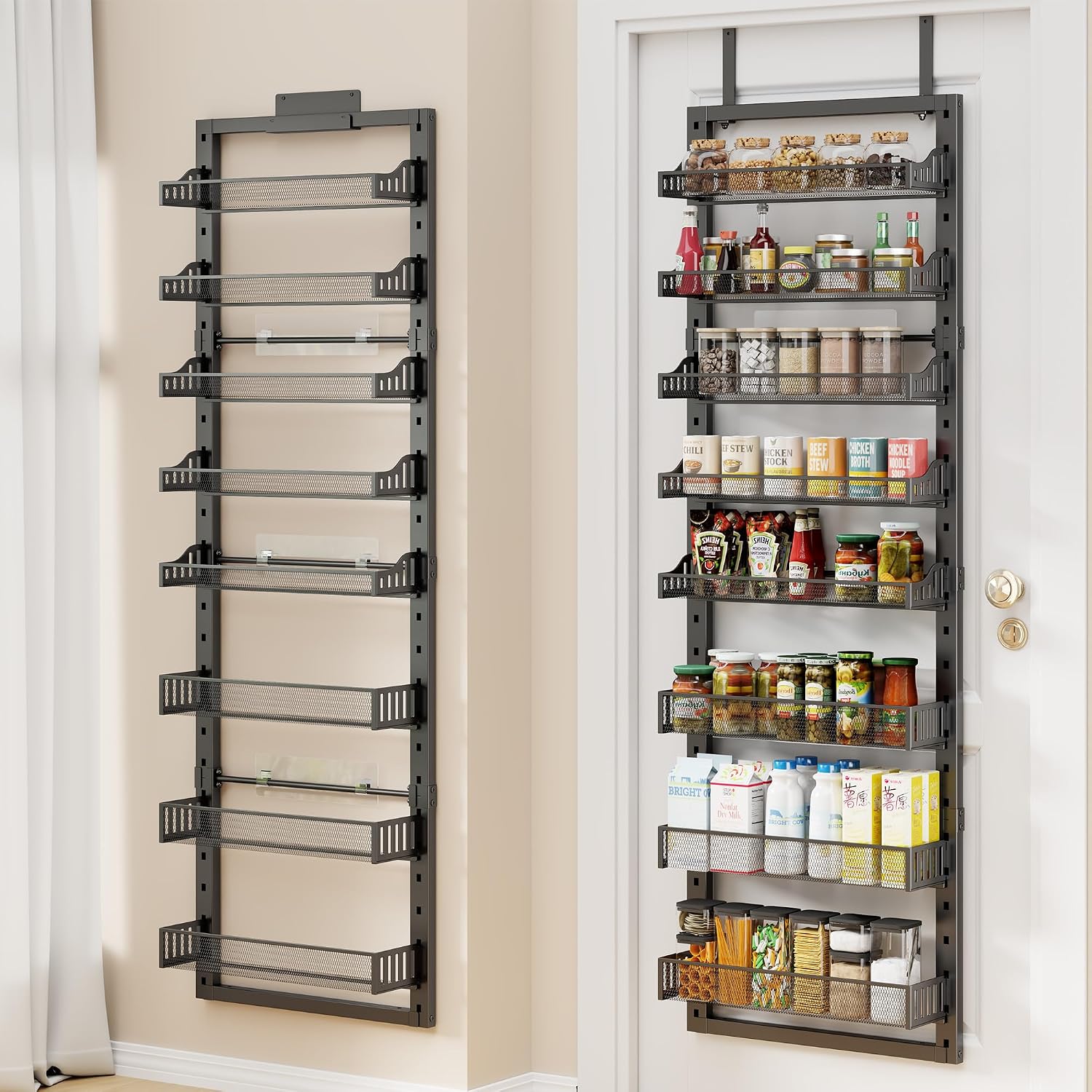 8 Tier Pantry Door Organizer, 2 IN 1 Over the Door Pantry Organizer with Metal Adjustable Baskets,Spice Rack Wall Mount or Door Organizer, Door Spice Rack for Pantry