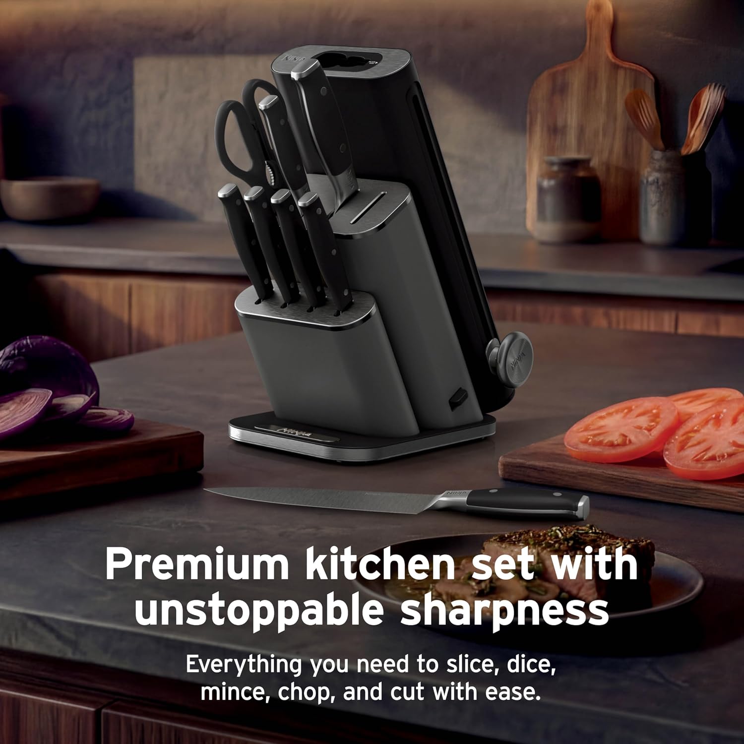 Ninja NeverDull® 10-Piece Premium German Stainless Steel Knife Set, Space-Saving Removeable Sharpener, 10-Year Guarantee, Razor Sharp Knives, NeverDull Technology, NK32010BK1, Black - Image 2