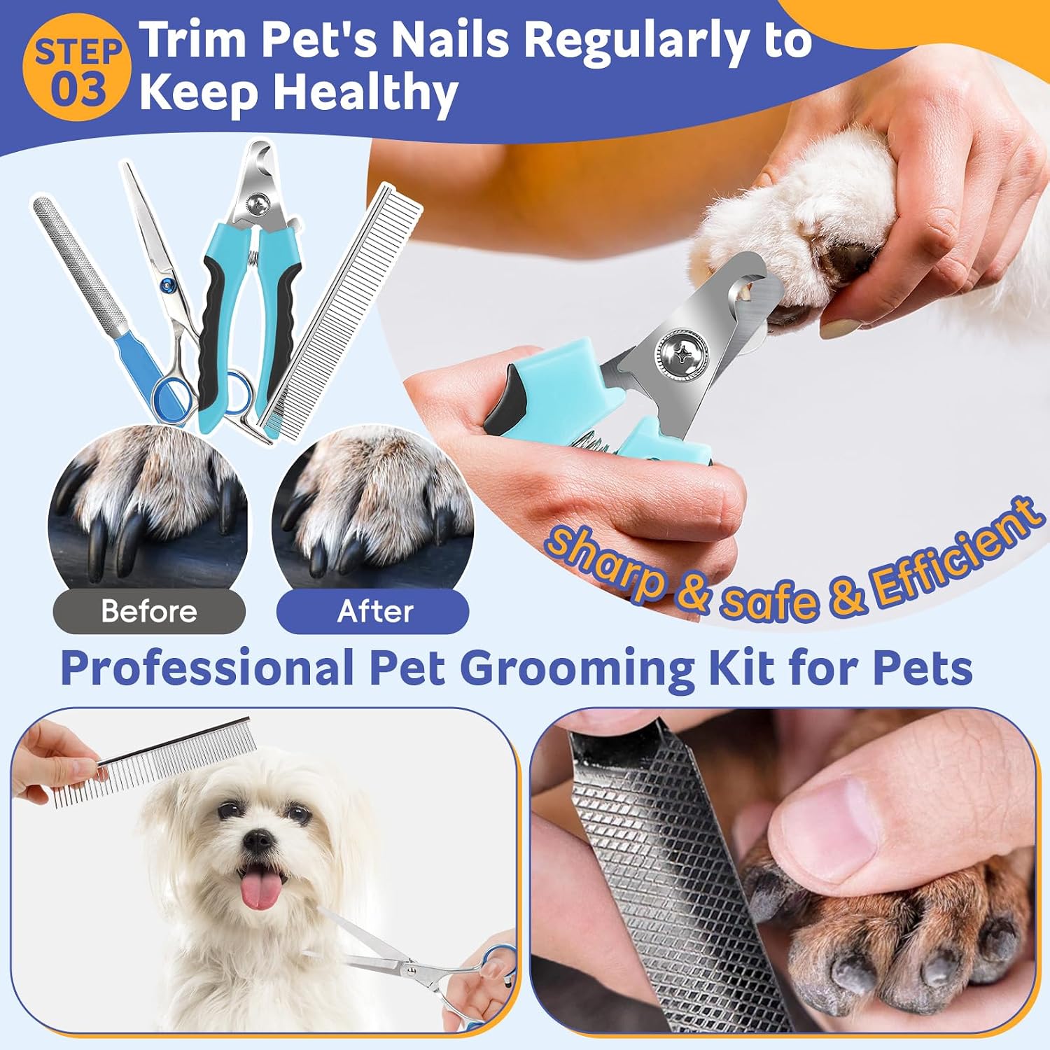 Dog Brush for Shedding 13pcs Bath Grooming Kit with Pet Nail Clipper and File - Dog Bath Brush Cat Grooming Supplies, Dematting Comb Bath Brush Shampoo Scrubber for Dogs and Cats - Image 5