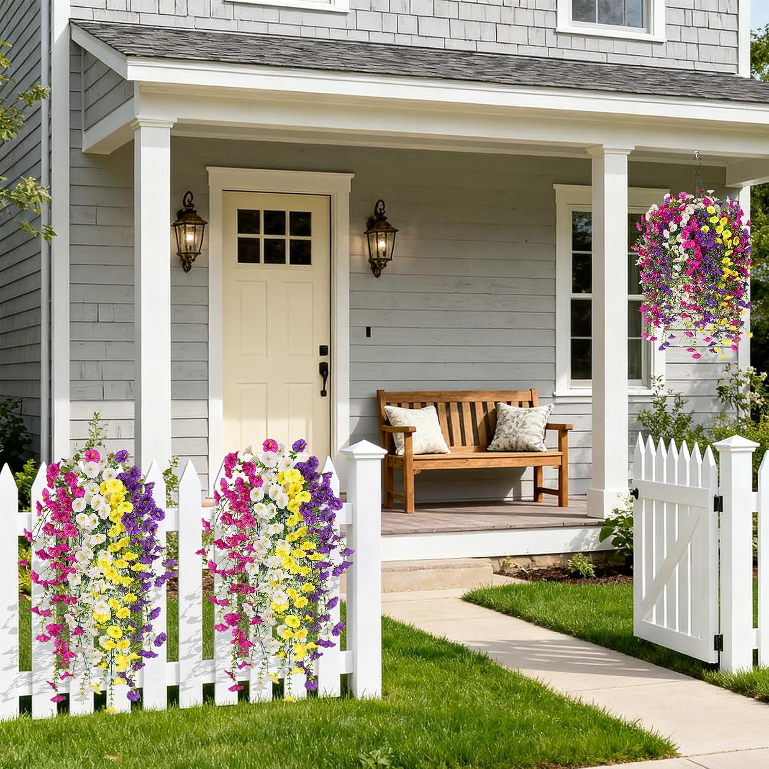 Artificial Hanging Petunias Flowers for Outdoor, 8pcs Fake Plants Long Vine Morning Glory Eucalyptus, UV Resistant Realistic Faux Greenery Outside Patio Porch Garden Spring Summer Decor, Mix Color - Image 2