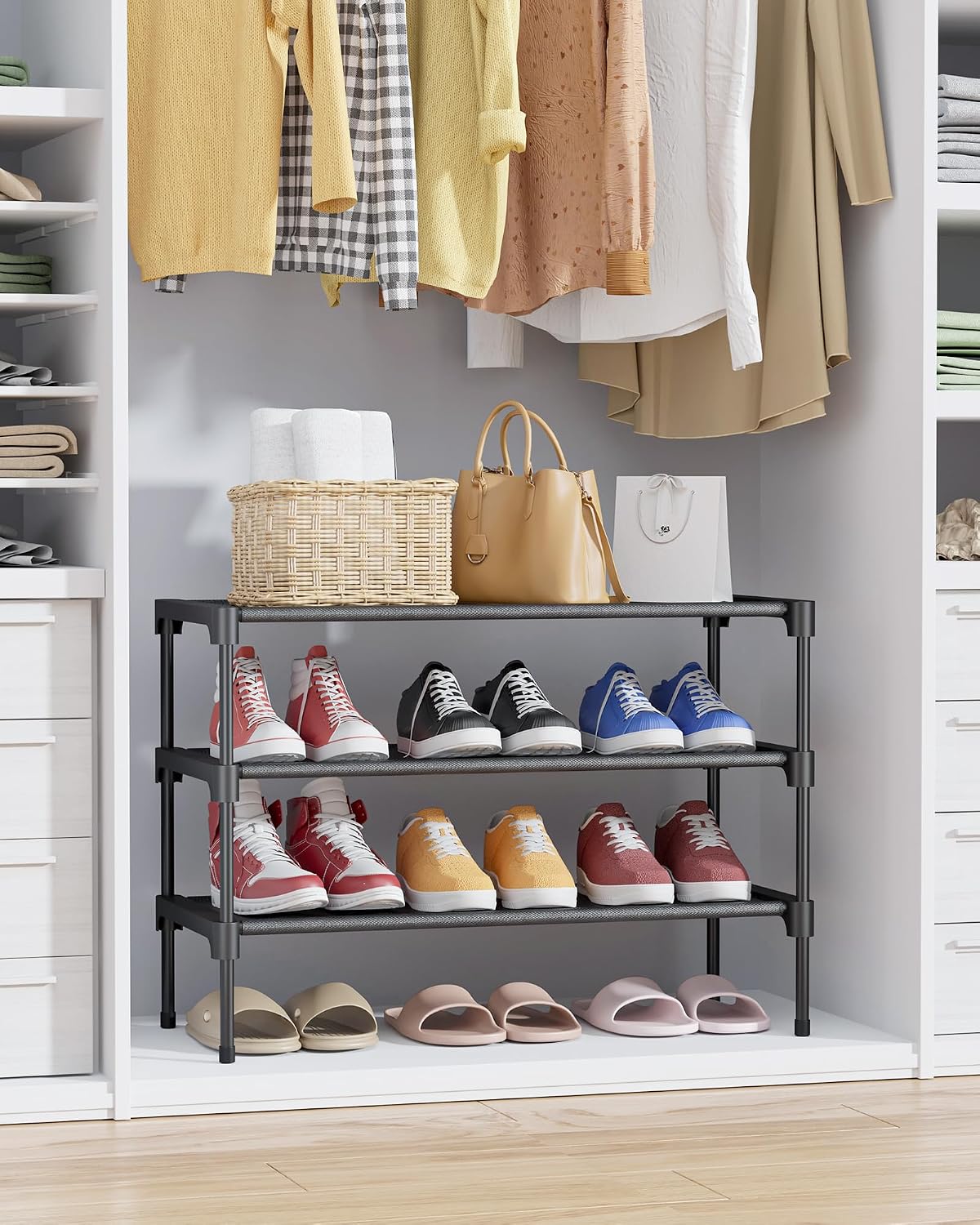 Kitsure Shoe Rack - Non-Woven Shoe Rack Shelf, Shoe Organizer for Closet, Entryway, Garage & Corridor, Stackable Shoe Shelves, 27.5" Wide - 3 Tier, Black - Image 6