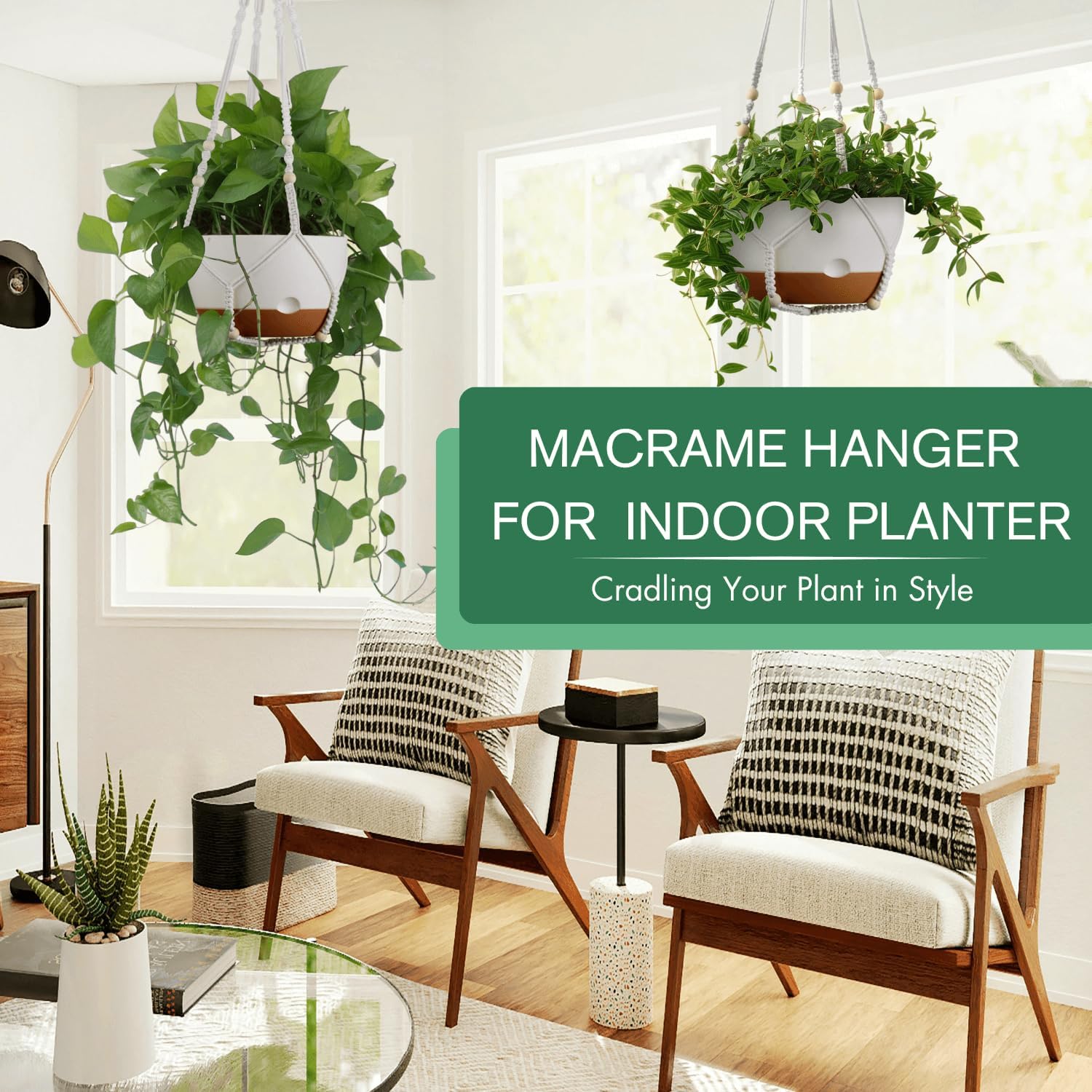 Set of 2-10 Inch Hanging Planters for Indoor Plants with Self-Watering Includes Hanging Pots for Plants, Outdoor Hanging Plant Pot with Drainage, and 2 Types of Hanging Baskets Hangers (White, 10inch) - Image 2