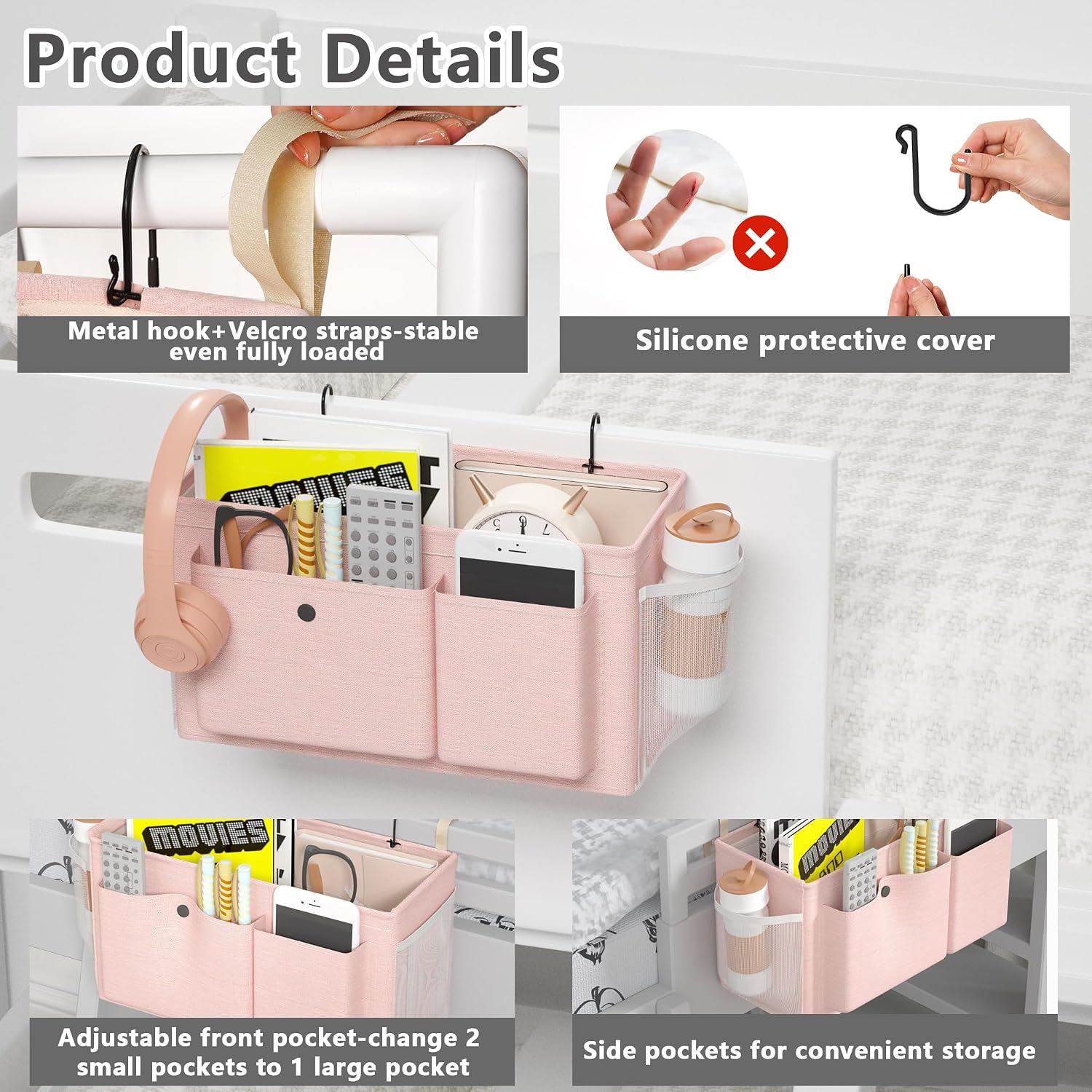 Bedside Caddy Bedside Storage Hanging Organizer for Bunk Dorm Bed Rail | Bed Caddy with Hooks, Top Bunks and Dorm Essentials for Water, Tissues, Tablets, Books, Phones, Remotes and Other Necessories - Image 4