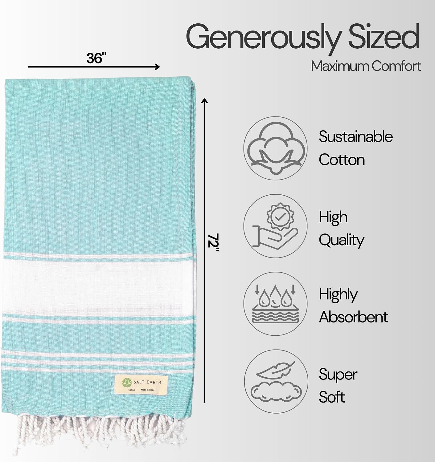 Salt Earth Cotton Turkish Beach Towel (Set of 4, 36"x72") - Soft, Quick Dry, Sand Resistant, Absorbent Towels for Bathroom, Home, Travel, Pool, Spa, Bath, Swim - Beach Towels Oversized (Aqua) - Image 6