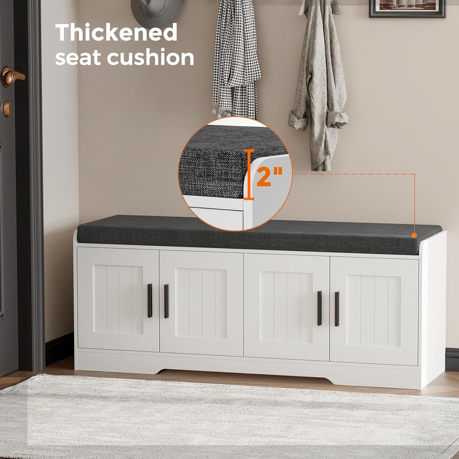 Homleke 2-Tier Storage Bench, Shoe Bench with Thickened Padded Seat Cushion, Entryway Bench with 4 Doors, Adjustable Shelf, 13.8" D x 45.3" W x 18.5" H, for Entryway, Living Room, Bedroom, White - Image 5