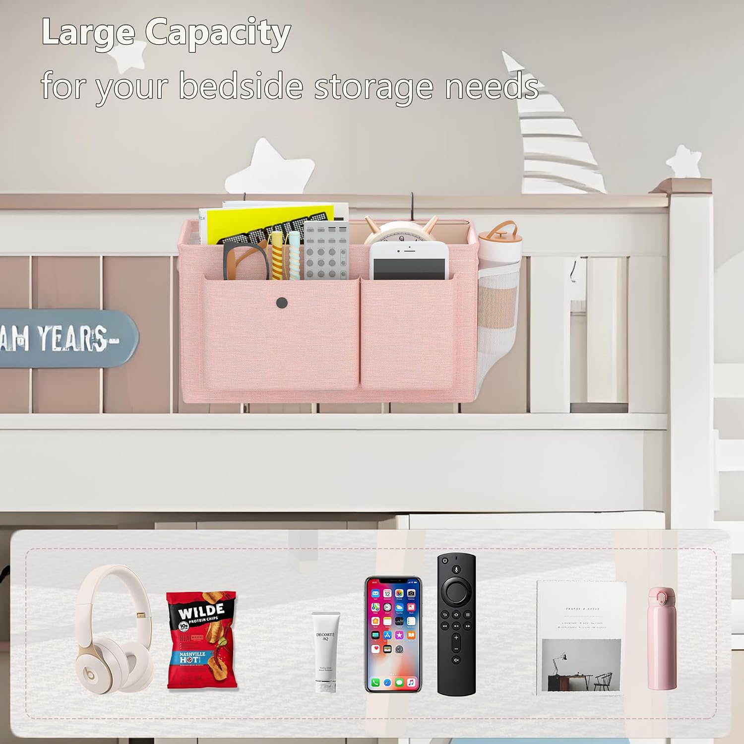 Bedside Caddy Bedside Storage Hanging Organizer for Bunk Dorm Bed Rail | Bed Caddy with Hooks, Top Bunks and Dorm Essentials for Water, Tissues, Tablets, Books, Phones, Remotes and Other Necessories - Image 5