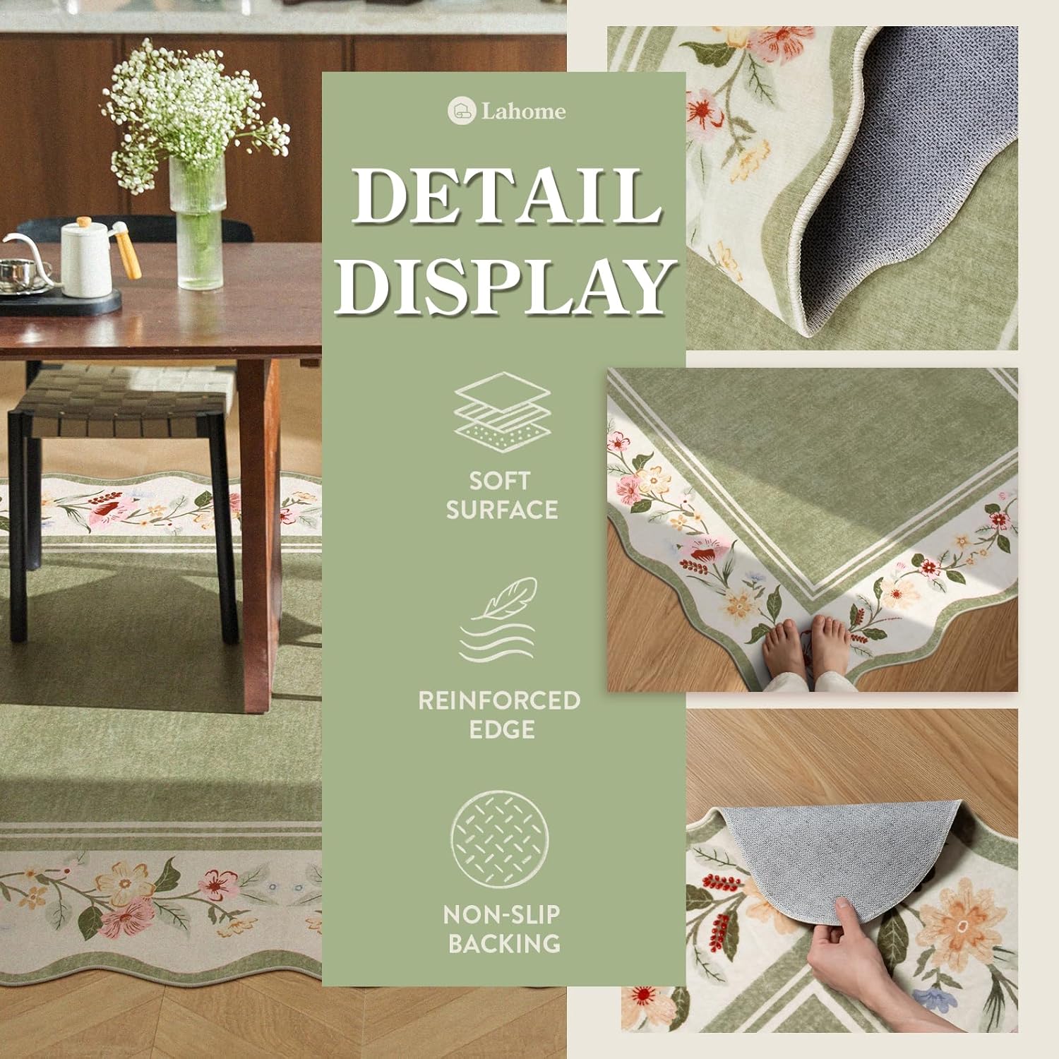 Lahome Floral Scalloped Rug 5x7, Green Rugs for Living Room Ultra-Thin, Vintage Boho Washable Area Rug 5x7 Soft Bedroom Rugs Non-Slip Throw Carpet for Farmhouse Dining Room Playroom Ariele - Image 5