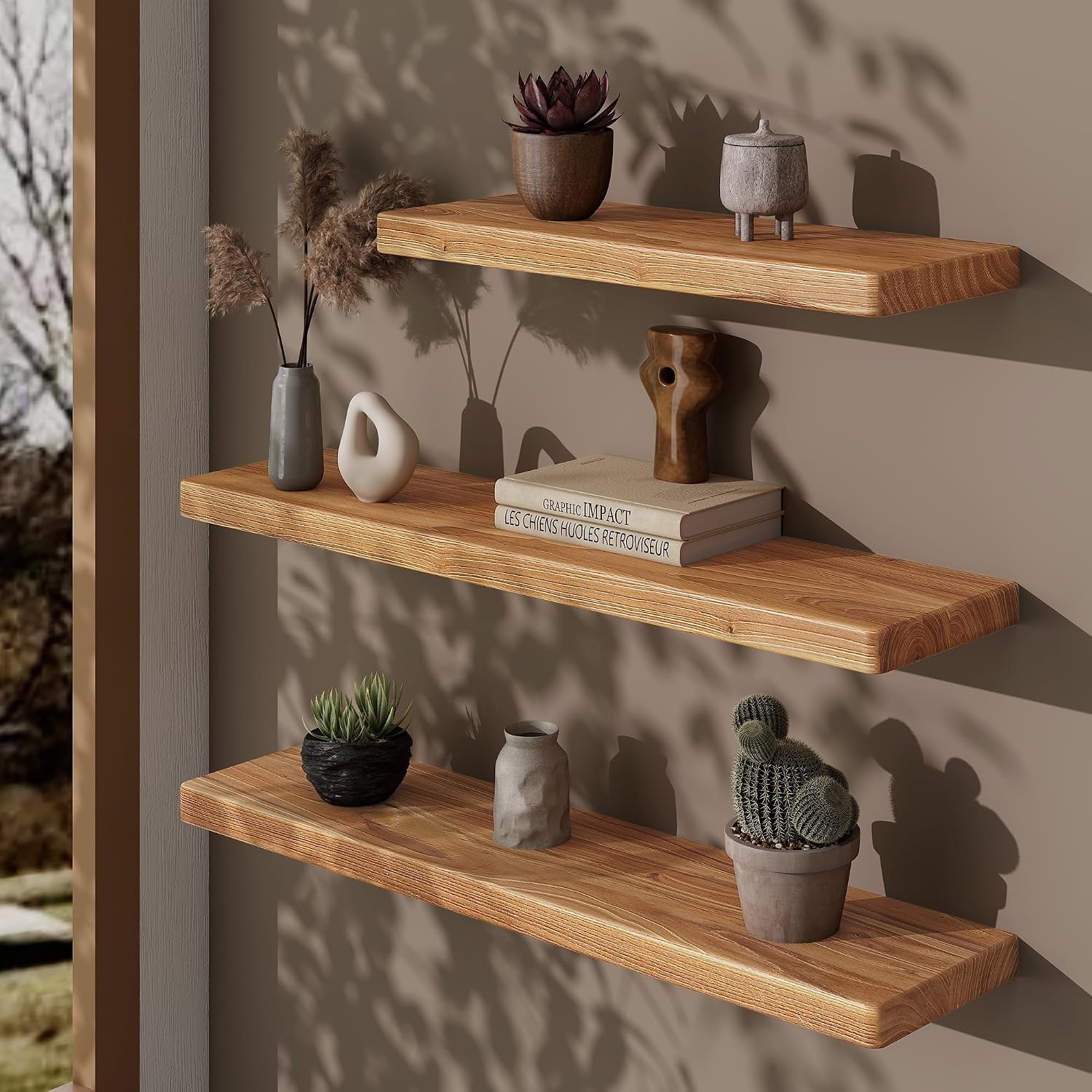 36" Rustic Elm Wood Floating Shelves, 8 Inch Deep Wall Shelves for Home Decor, Wall Mounted Floating Shelf with Invisible Bracket, Heavy-Duty Storage & Display Shelf for Living Room, Kitchen, Set of 2 - Image 4