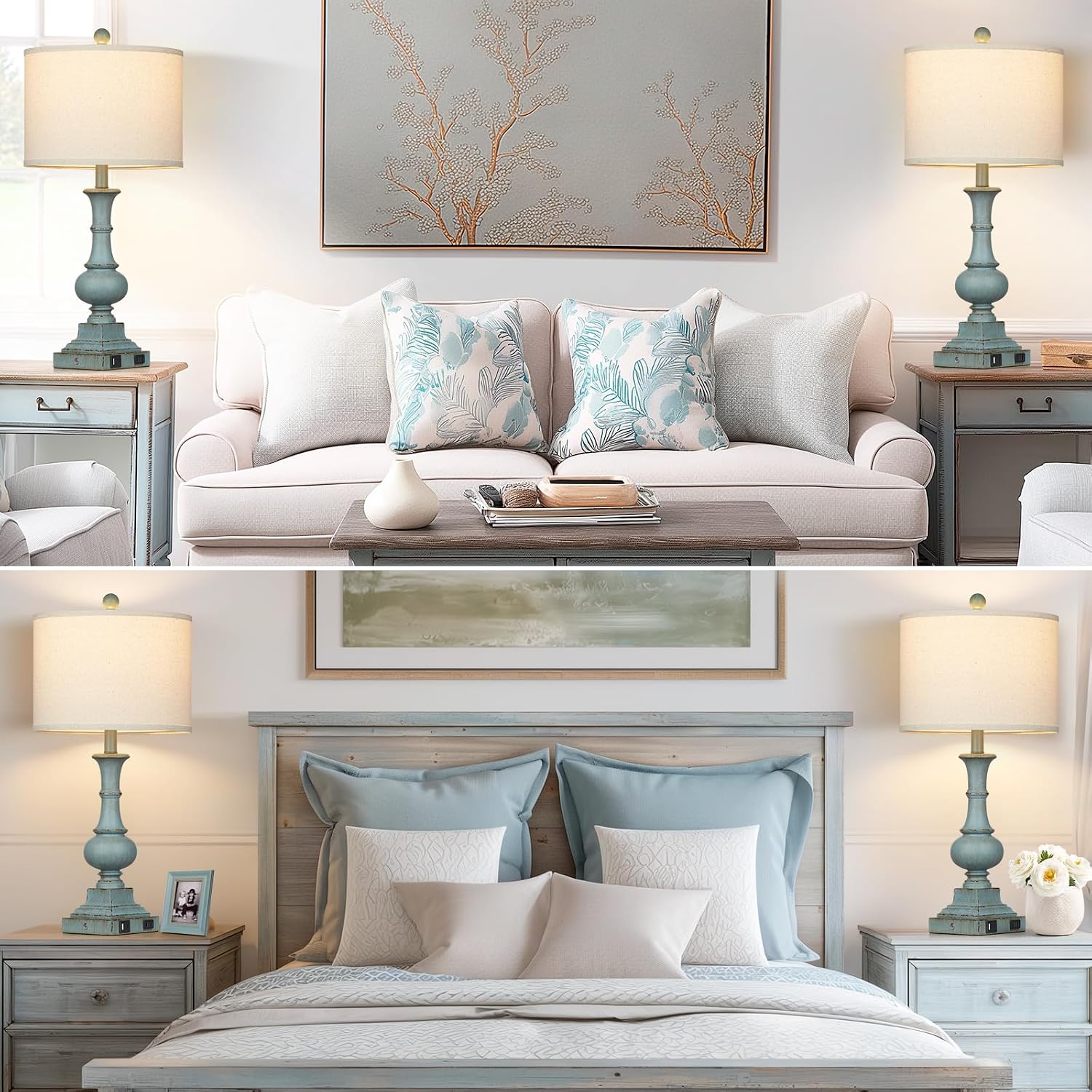 Farmhouse Table Lamps Set of 2, 26" Vintage Rustic Touch Control 3-Way Dimmable Bedside Lamp with USB A+C Ports & AC Outlet, Blue Nightstand Lamp for Living Room Bedroom End Table(LED Bulbs Included) - Image 7