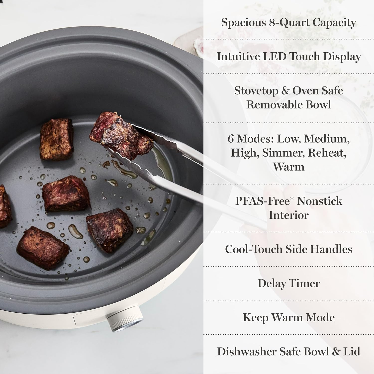 Martha Stewart 8 QT Slow Cooker, Programmable with Timer, 3 Heat Settings (Low, High, Warm), Nonstick Ceramic Removable Crock, Stovetop & Oven Safe, Glass Lid, Simmer, Reheat, Warm, Linen - Image 7