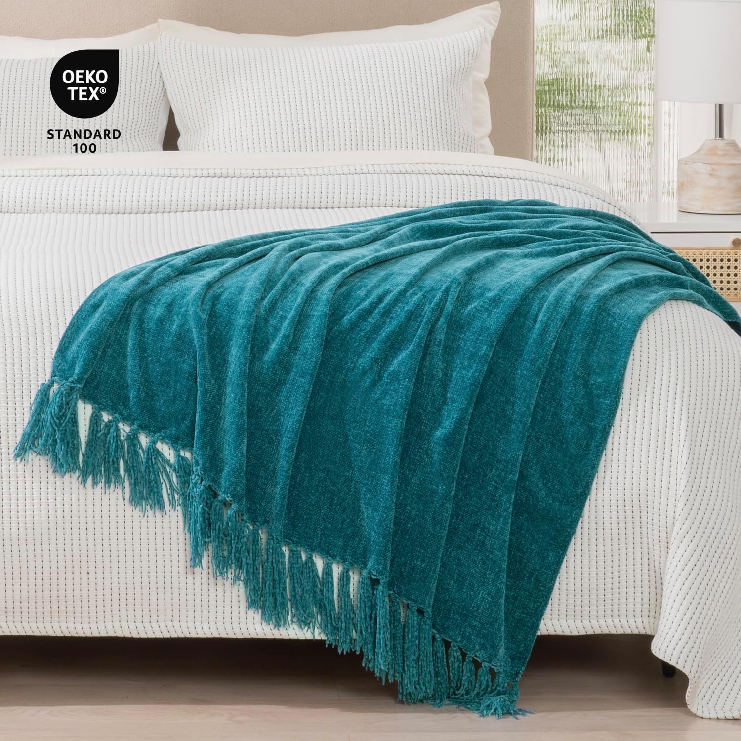 RECYCO Throw Blanket Soft Cozy Chenille Throw Blanket with Fringe Tassel for Couch Sofa Chair Bed Living Room (Teal, 50'' x 60'') - Image 5