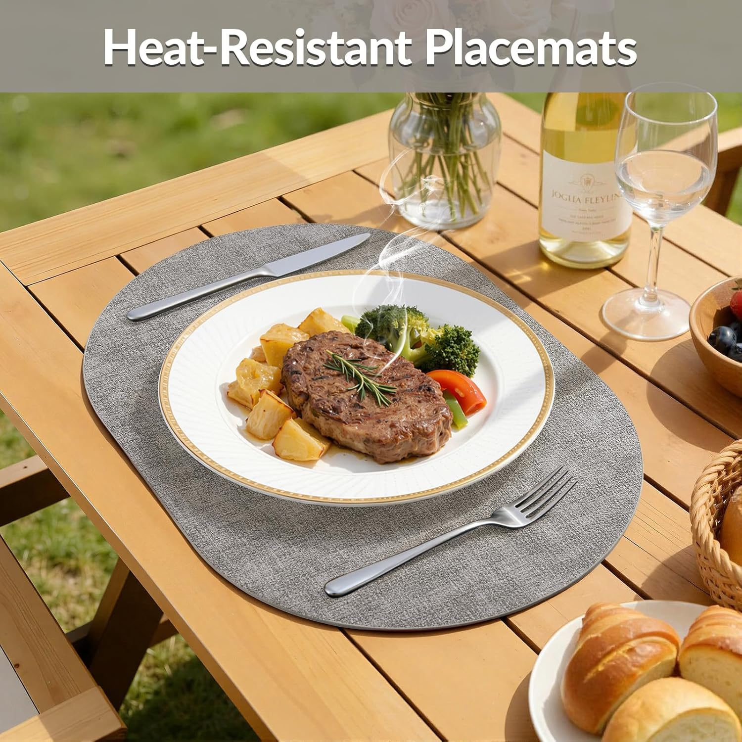 homing Placemats Set of 6, Heat Resistant Oval Faux Leather Place Mats 11.8 x 17 Inch, Waterproof Wipeable Reversible PU Placemat for Kitchen Dining Table, Indoor & Outdoor, Light Grey - Image 4