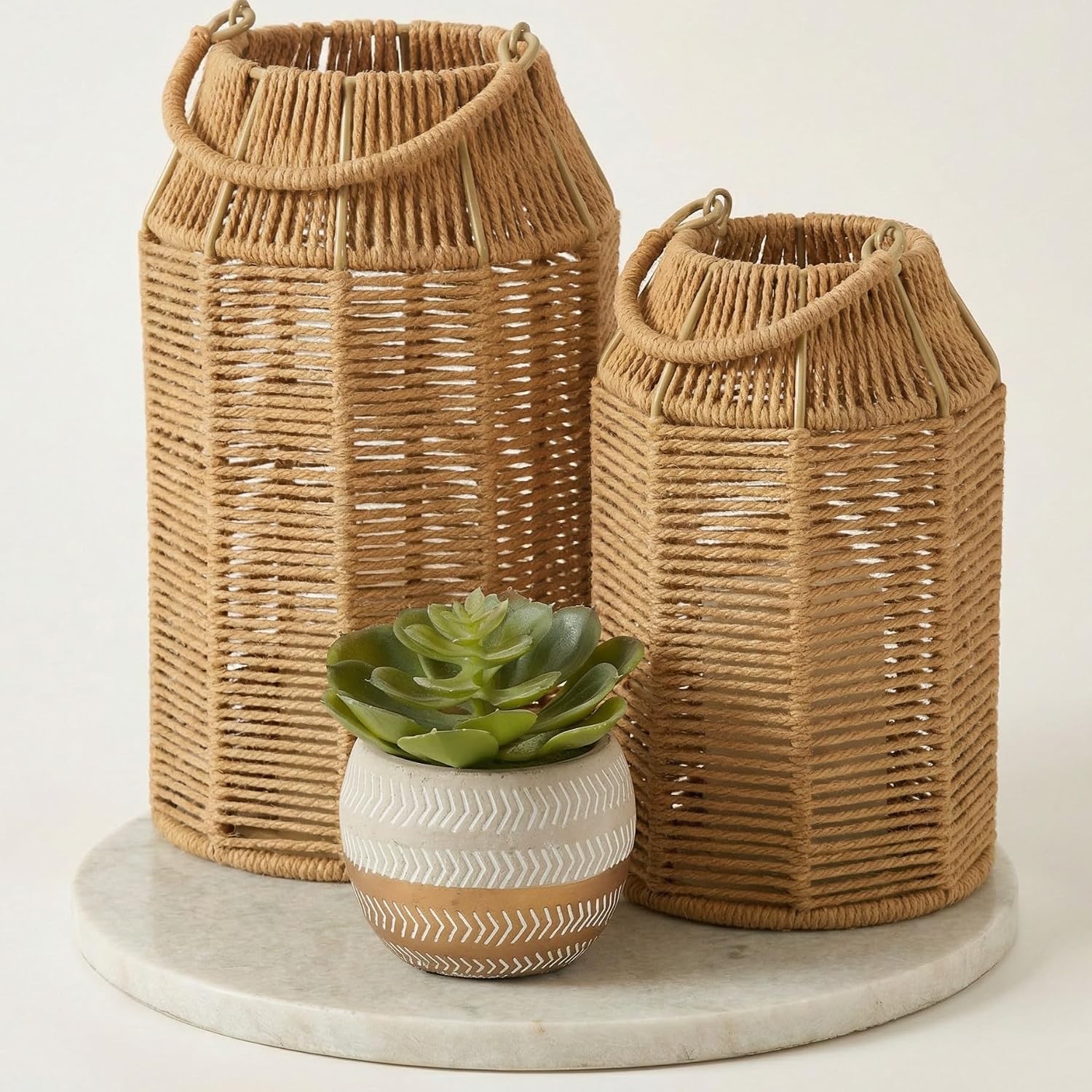 Natural Jute Boho Lanterns - Handcrafted Coffee Table Decor to Enhance Your Home - Modern Decorative Farmhouse Beauty for Living Room, Patio & Front Porch, Indoor and Outdoor or Kitchen Dining Table