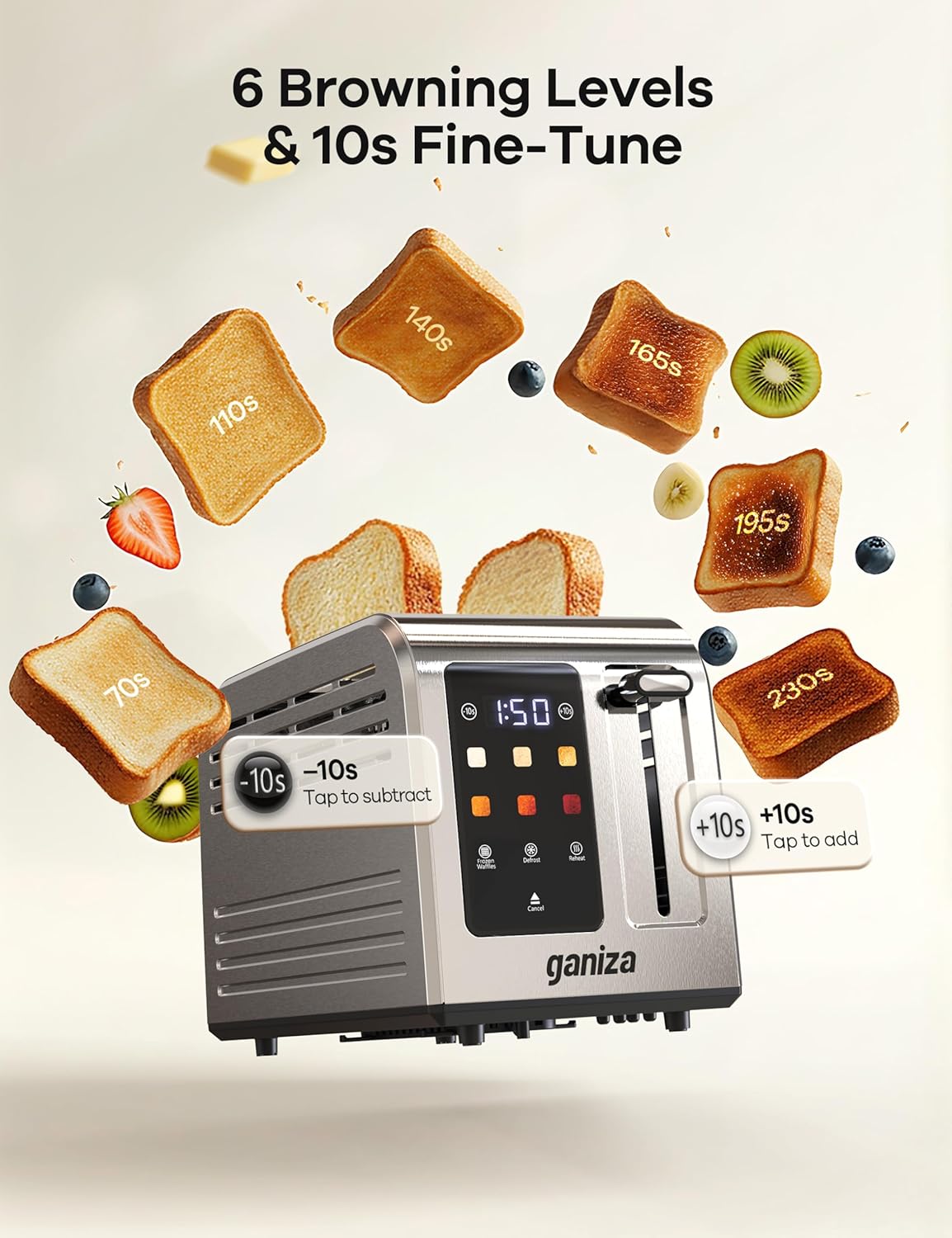 Ganiza Smart Toaster 2 Slice with Touchscreen, Digital Countdown Timer, Touch Screen Toaster Wide Slot, Full Stainless Steel, Defrost Reheat Cancel, +/-10s Fine-Tune, Removable Crumb Tray, Max 925W - Image 7
