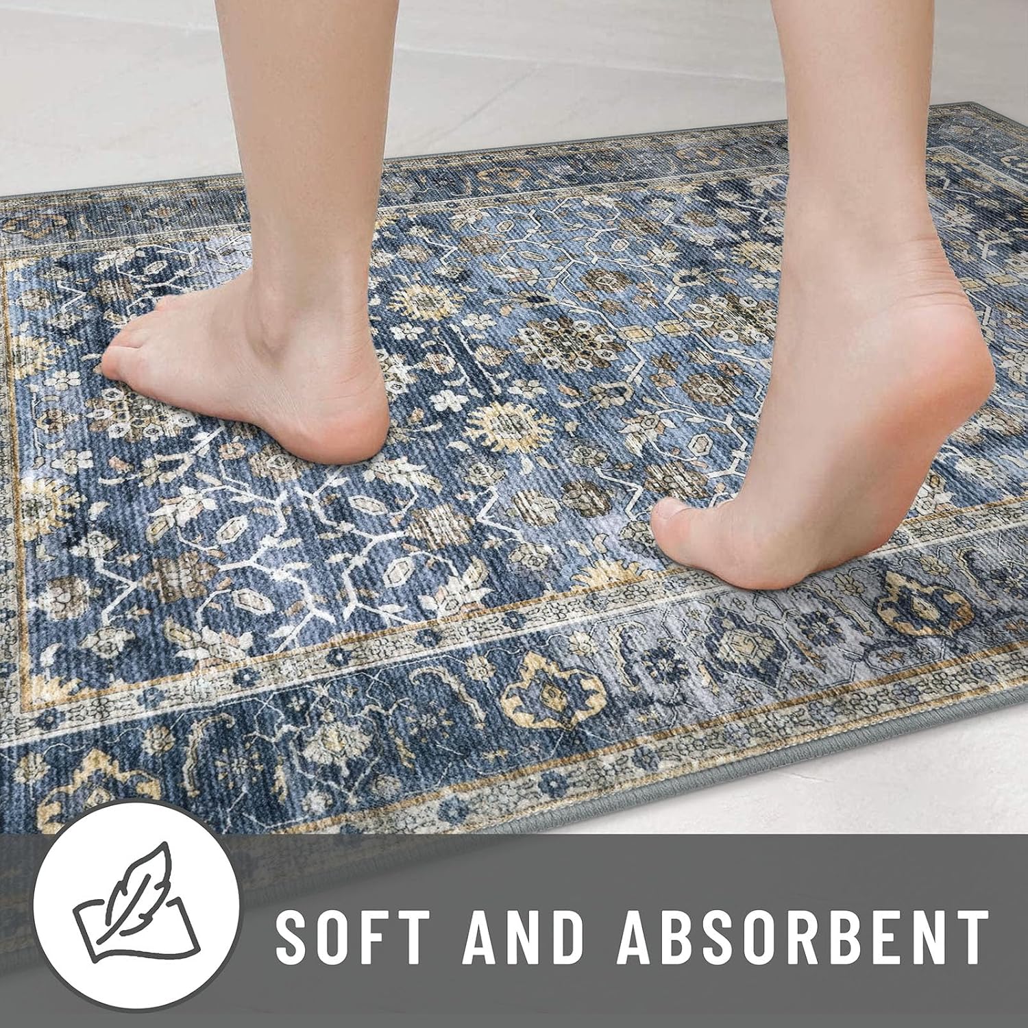 KUTA Vintage Floral 3x5 Entryway Rug, Area Rugs for Living Room Blue Grey Beige Washable Kitchen Carpet Non-Slip, Ultra Thin Soft Printed Distressed Oriental Entry Low-Pile Throw for Dining Room Dorm - Image 8