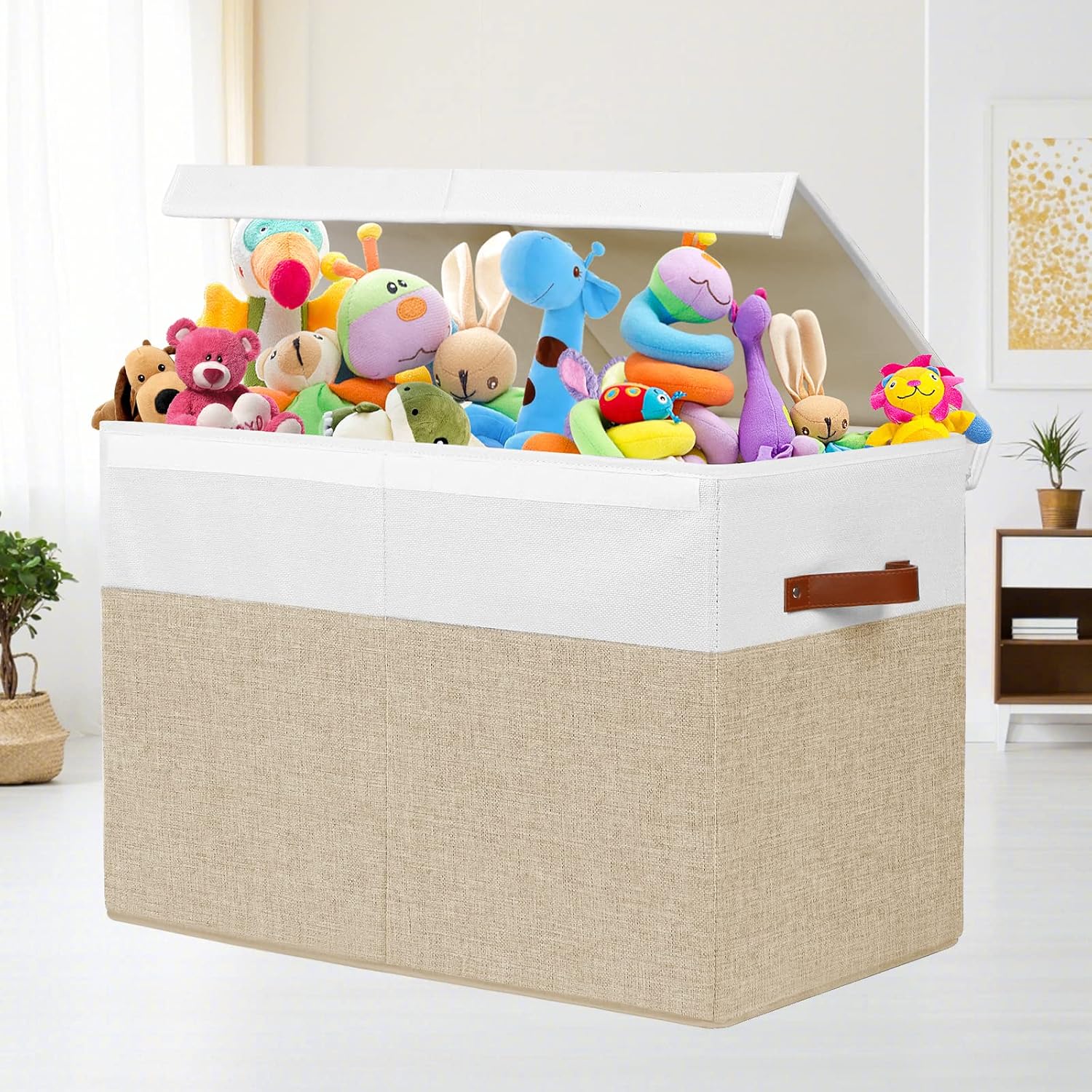 Gowee Large Toy Storage Box with Lid, Sturdy Toys Storage Chest Bin Organizer Basket with Dividers for Kids, Boys, Girls, Nursery, Closet, Bedroom, Playroom 25"x13" x16" (Beige and White) - Image 2