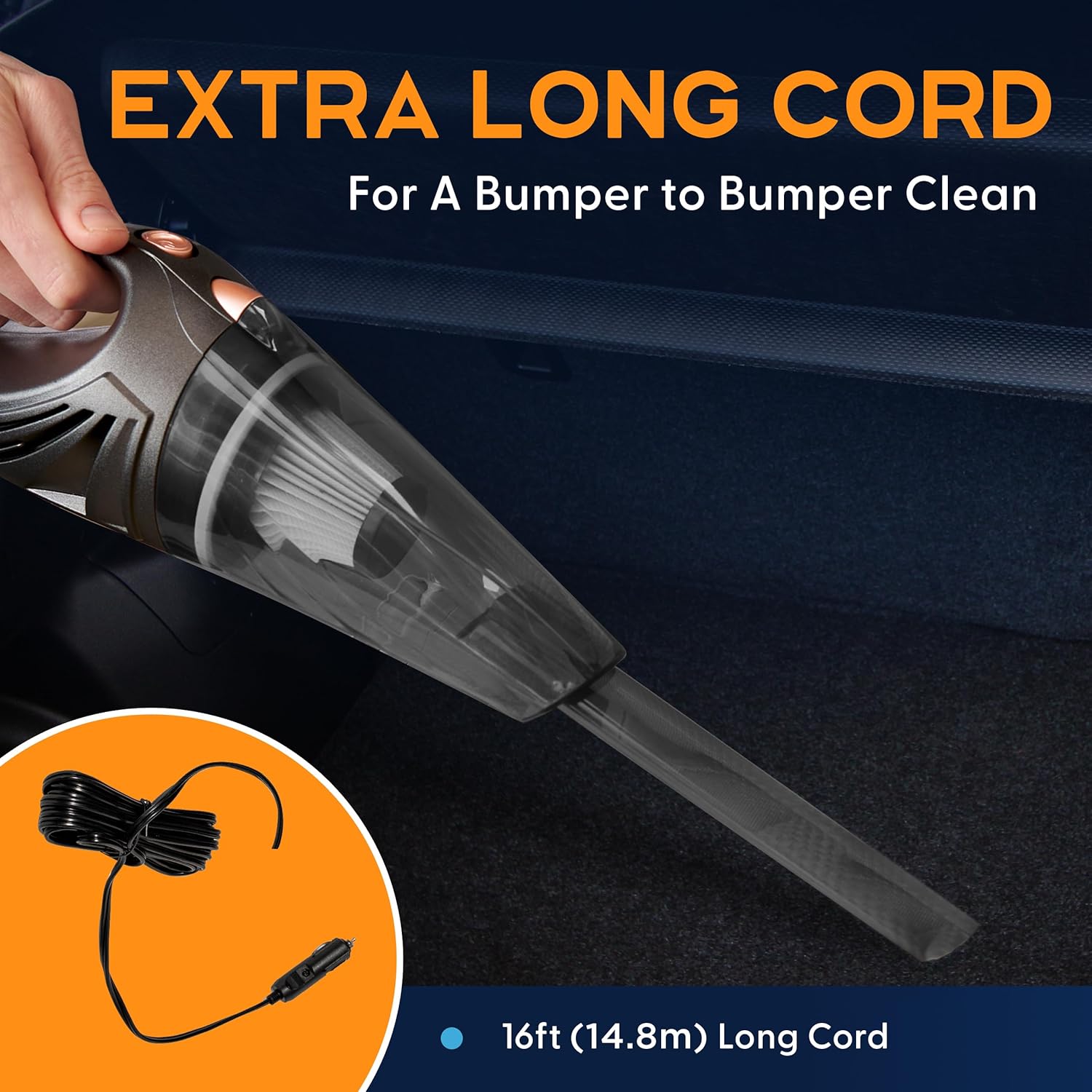 THISWORX Car Vacuum Cleaner - Portable, High Power, Handheld Vacuums w/ 3 Attachments, 16 Ft Cord & Bag - 12v, Auto Accessories Kit for Interior Detailing - Black - Image 3