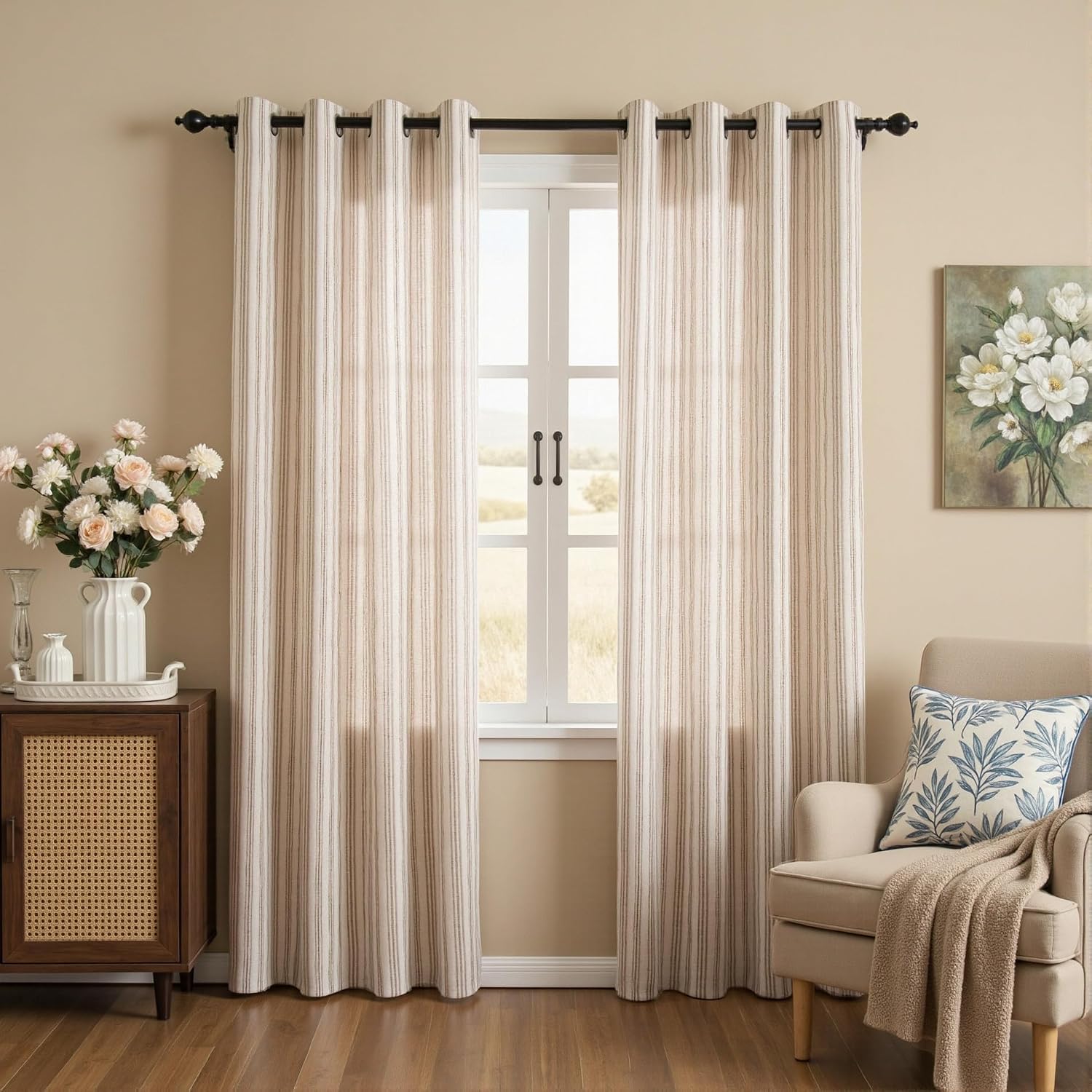 MYSKY HOME Taupe Striped Linen Curtains 84 Inches Long Light Filtering Neutral Curtains for Bedroom Living Room Farmhouse Rustic Cottage Core Tan Ticking Patterned, Grommet, 2 Panels, 52" Wide - Image 3