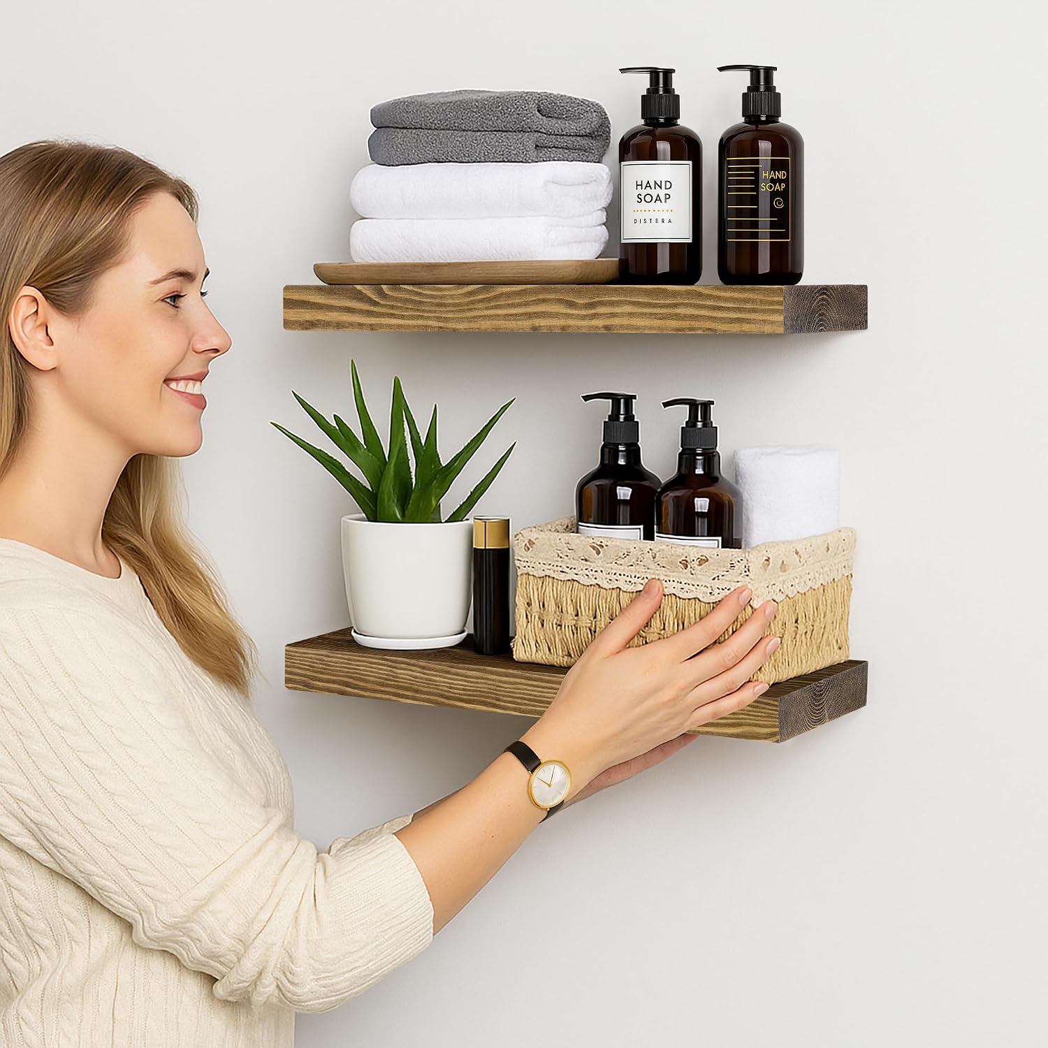 BGMG Wood Floating Shelves for Wall 18 inch Set of 2, Rustic Wooden Wall Mount Shelves for Bathroom Living Room Bedroom Kitchen Farmhouse -18x 6.7 x1.25 inch- Walnut Color - Image 7