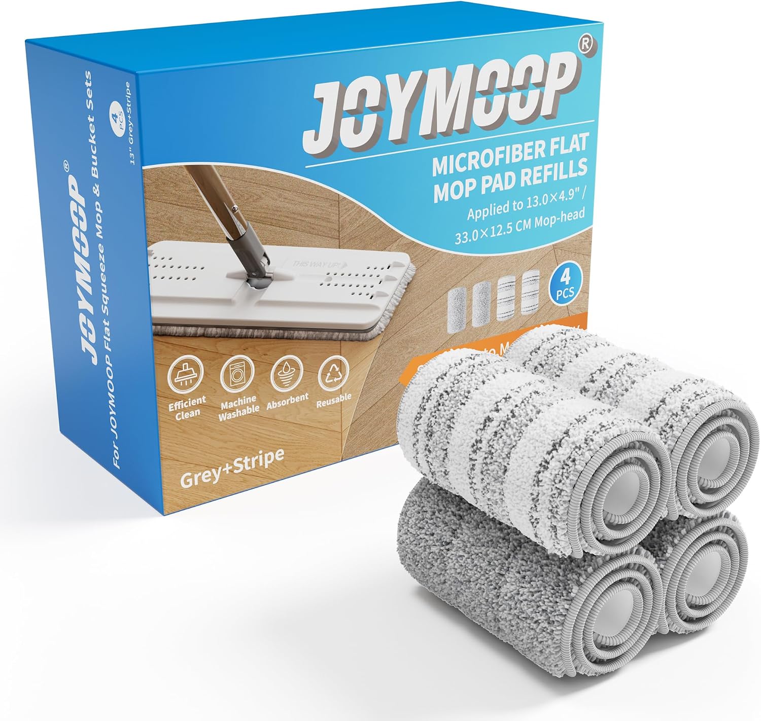 JOYMOOP Microfiber Mop Replacement Pads, 4-Pack 13" × 4.9", Dual Grey & Stripe Pads for Wet & Dry Cleaning, Compatible with Microfiber Flat Mop Heads, Machine Washable, Durable and Scratch-Free
