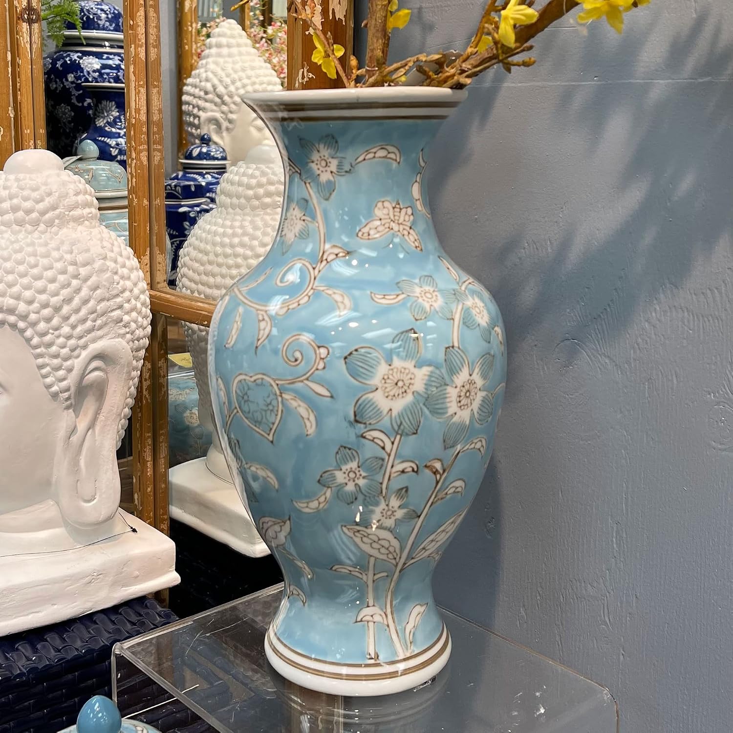 Galt International Light Blue and White Flower & Heart Chinoiserie Ceramic Vase 14"- Hand Painted Antique Style Porcelain Flower Bottle Fishtail Porcelain Chinese Vase for Home Decor Centerpiece - Image 4