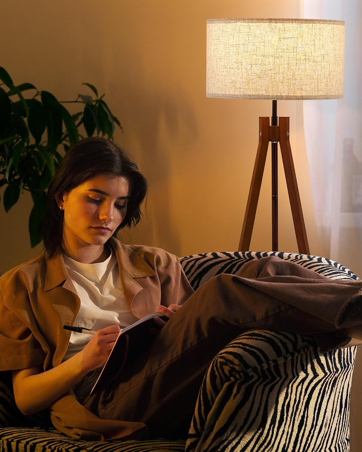 ELYONA Wood Tripod Floor Lamp, Mid Century Reading Standing Lamp with 3 Color Temperatures & Linen Shade, Modern Night Light for Bedroom, Farmhouse, Living Room, Office, 9W LED Bulb Included, Brown - Image 5