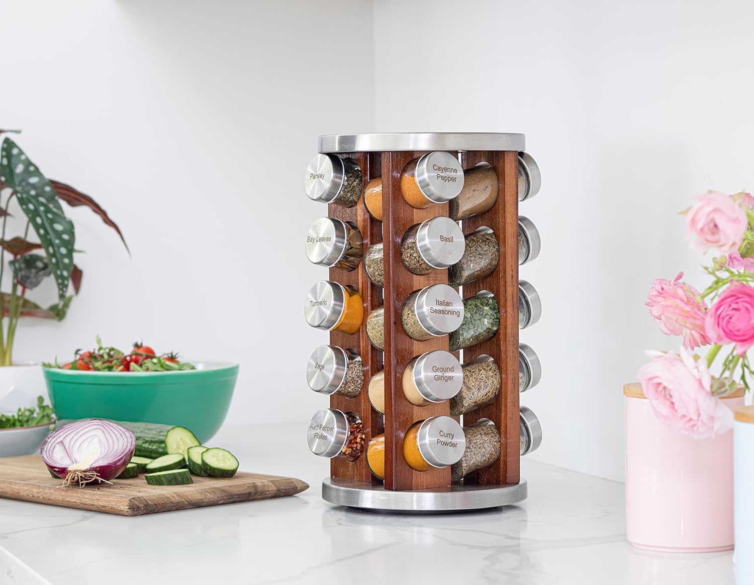Orii 20 Jar Rotating Dark Acacia Wood Spice Rack with Spices Included & 5-Year Spice Refill Program – Rustic Wood Countertop Spice Rack with Glass Jars - Image 3