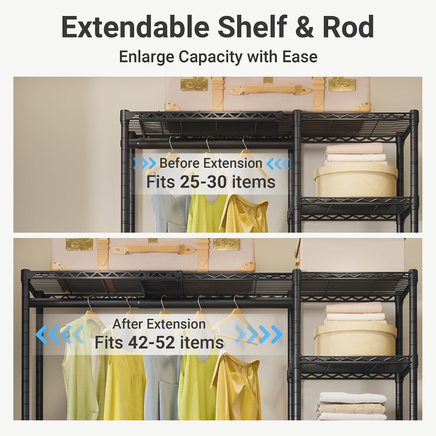 VIPEK X2 Expandable Reach-in Closet Racks Adjustable from 3'3" to 4'8" Portable Open Walk-in Closet Rack System with Flexible Shelves and Hanger Rods Clothing Rack for Hanging Clothes, Black - Image 6