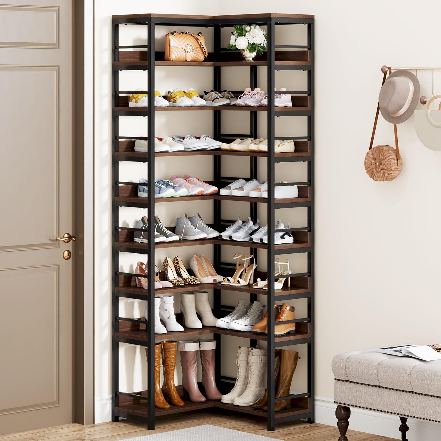 Tribesigns 9 Tiers Corner Shoe Rack, Tall Vertical Shoe Rack Organizer, Free Standing Large Shoe Storage Shelf for Entryway Hallway Closet, Space Saving, Rustic Brown - Image 7