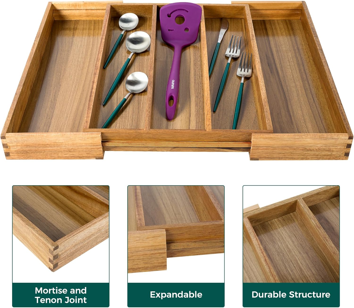 Utoplike Acacia Kitchen Drawer Organizer Expandable, Large Utensils and Cutlery Tray, Adjustable Silverware Divider for Knives Flatware - Image 6