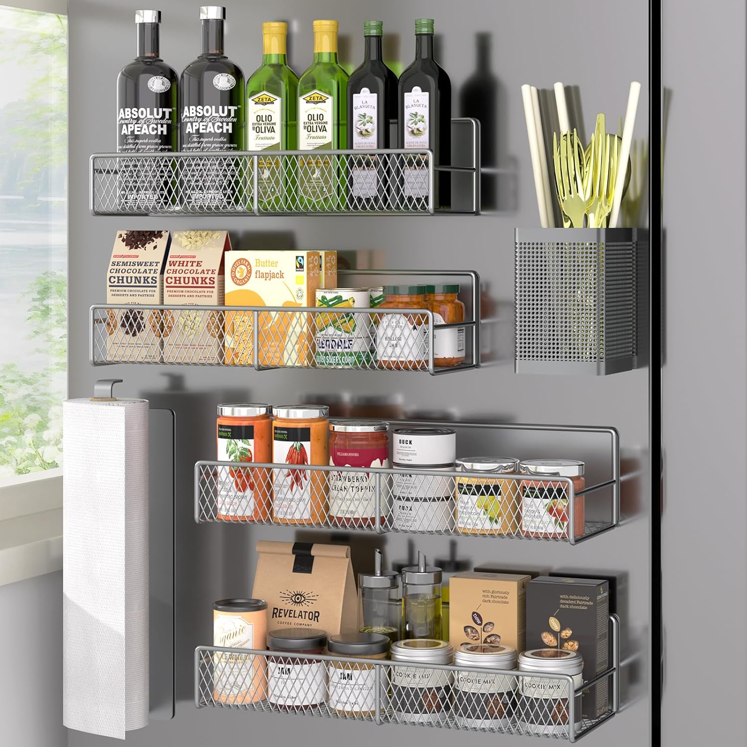 Magnetic Spice Rack for Refrigerator, 6 Pack Metal Magnetic Shelf Grey, Moveable Spice Organizer, Strong Magnetic Storage Fridge Organizer with Paper Towel Holder, Utensils Holder