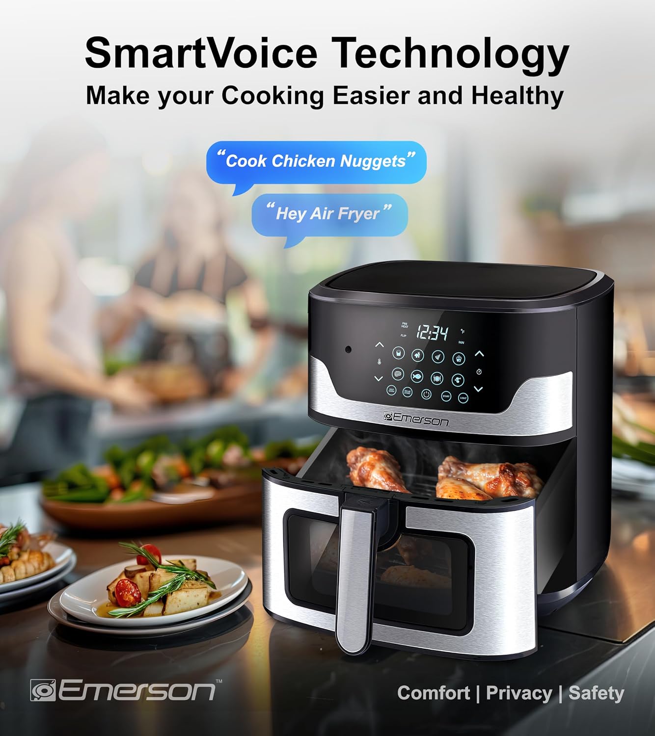Emerson SmartVoice 5.3QT Air Fryer, 1000+ Voice Commands, 6-in-1 Digital Cooker, Compact Countertop Design, Oil-Free Healthy Cooking, Easy-Clean Nonstick Basket, 1500W - Image 7