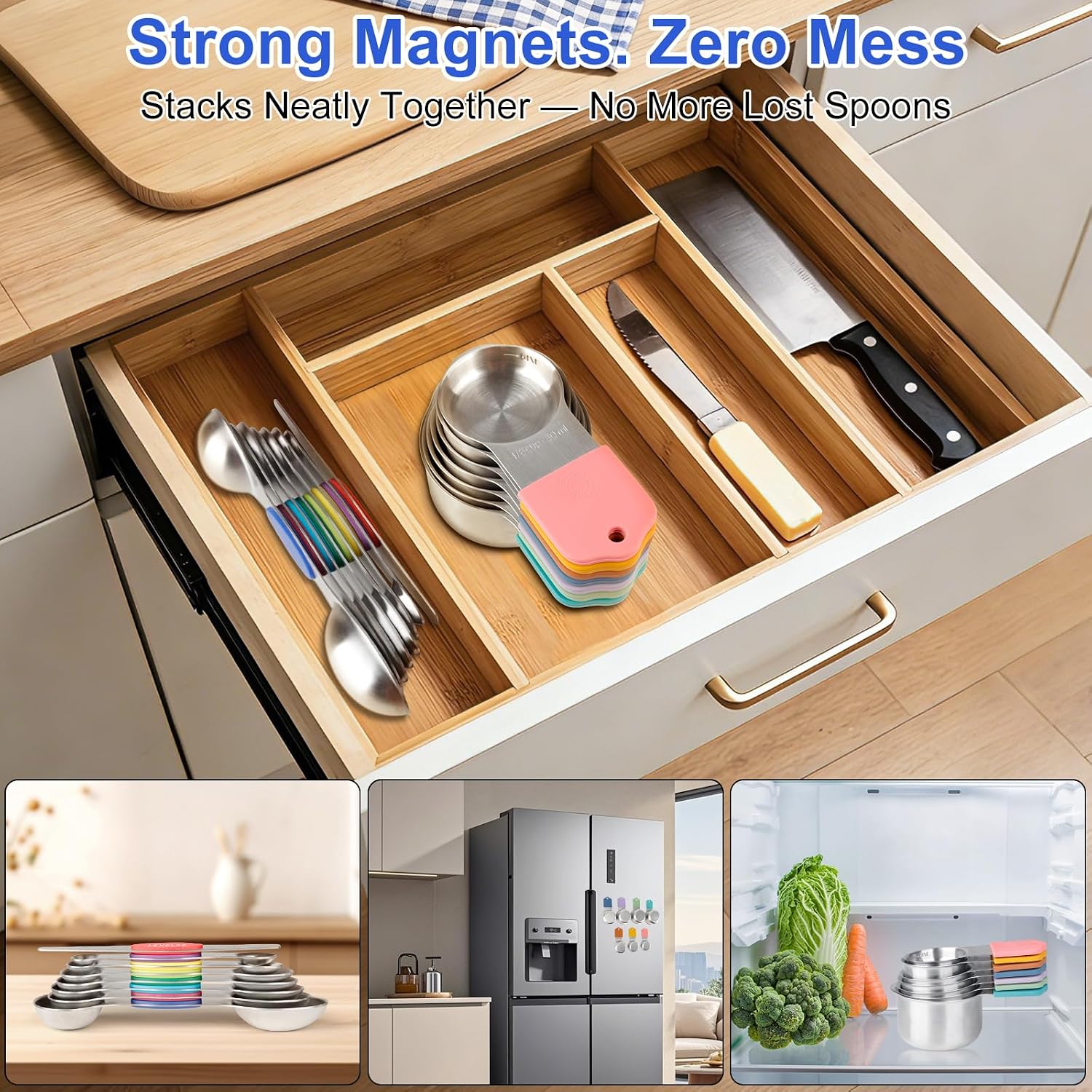 Magnetic Measuring Cups & Spoons Set, Strong N45 Magnets, Heavy Duty 304 Stainless Steel Fits in Spice Jars for Baking & Cooking, BPA Free, Round Set of 15 with Leveler, Light Colorful - Image 4