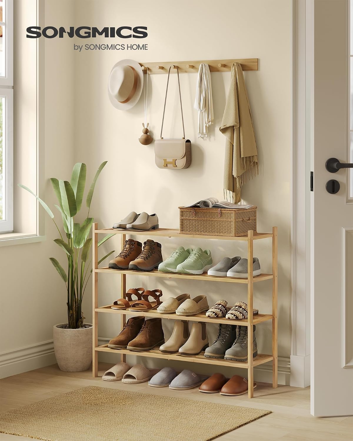 SONGMICS Bamboo Shoe Rack for Closet, Stackable Shoe Oragnizer with Modular Structure, Space-Saving Free Standing Shelf for Entryway Bedroom, 4-Tier, Holds 15-20 Pairs, Natural Color ULBS054YL01 - Image 2