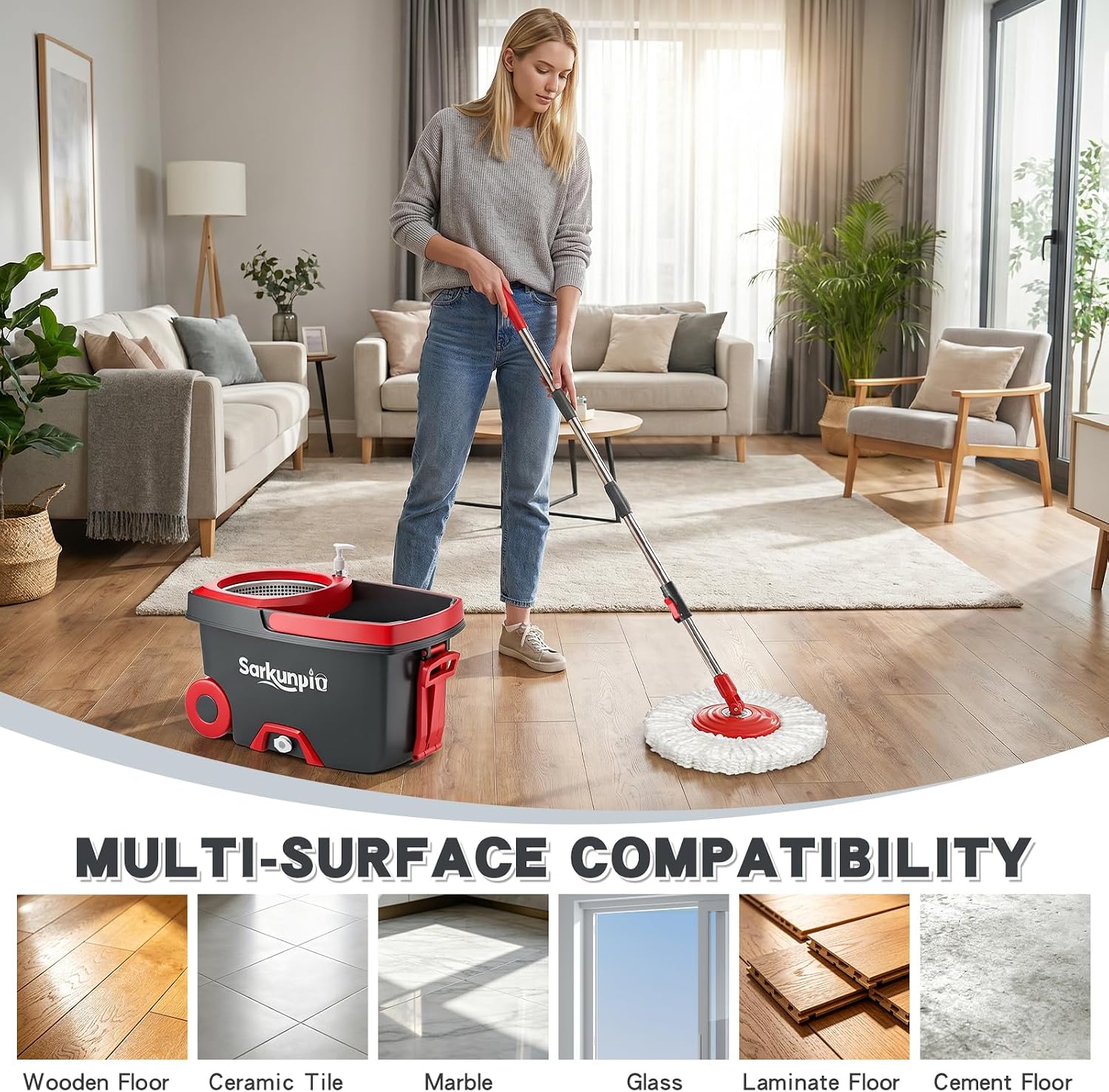 Mop and Bucket Set with Wringer, Spin Mop Floor Cleaning System with 6 Replacement Microfiber Heads & 61" Extra-Long Handle for Home Floor, Dark Grey - Image 7