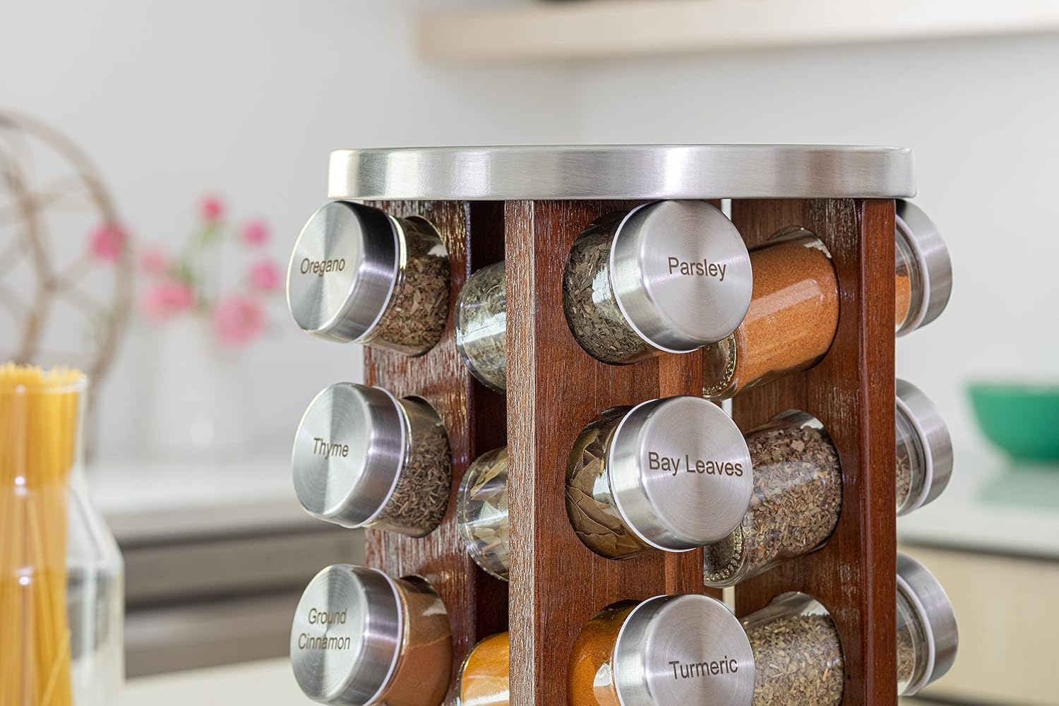Orii 20 Jar Rotating Dark Acacia Wood Spice Rack with Spices Included & 5-Year Spice Refill Program – Rustic Wood Countertop Spice Rack with Glass Jars - Image 6