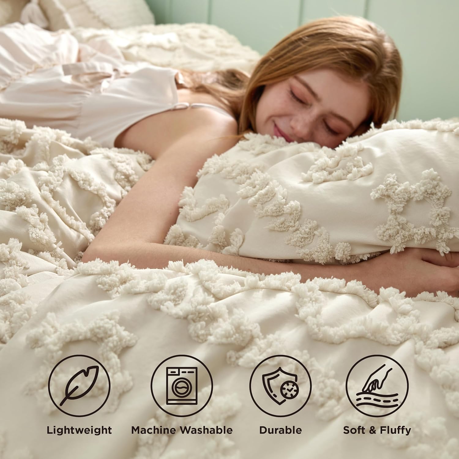 Bedsure Tufted Boho Comforter Set Twin Size - Beige Boho Bed Set, GentleSoft™ 2 Pieces Farmhouse-Style Embroidery Bedding, Gifts for Woman, Soft Jacquard Kids' Twin Comforter for All Seasons - Image 5