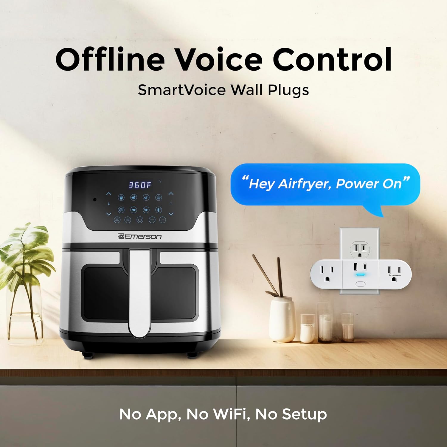 Emerson SmartVoice 4-in-1 Wall Plug, Voice Control Smart Outlet w/ 2 AC (1 Voice + 1 Always-On), USB-A & USB-C Ports, No WiFi, No App, Sleep & Wake Timer, ETL Listed - Image 8
