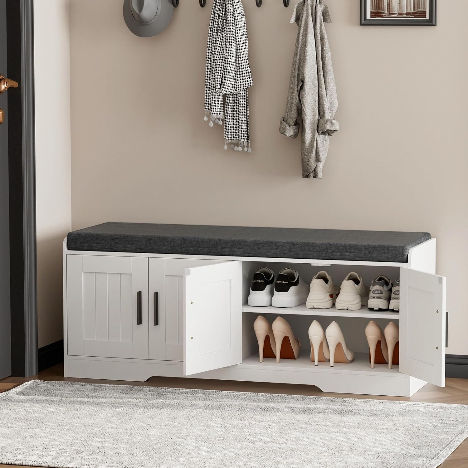 Homleke 2-Tier Storage Bench, Shoe Bench with Thickened Padded Seat Cushion, Entryway Bench with 4 Doors, Adjustable Shelf, 13.8" D x 45.3" W x 18.5" H, for Entryway, Living Room, Bedroom, White - Image 3